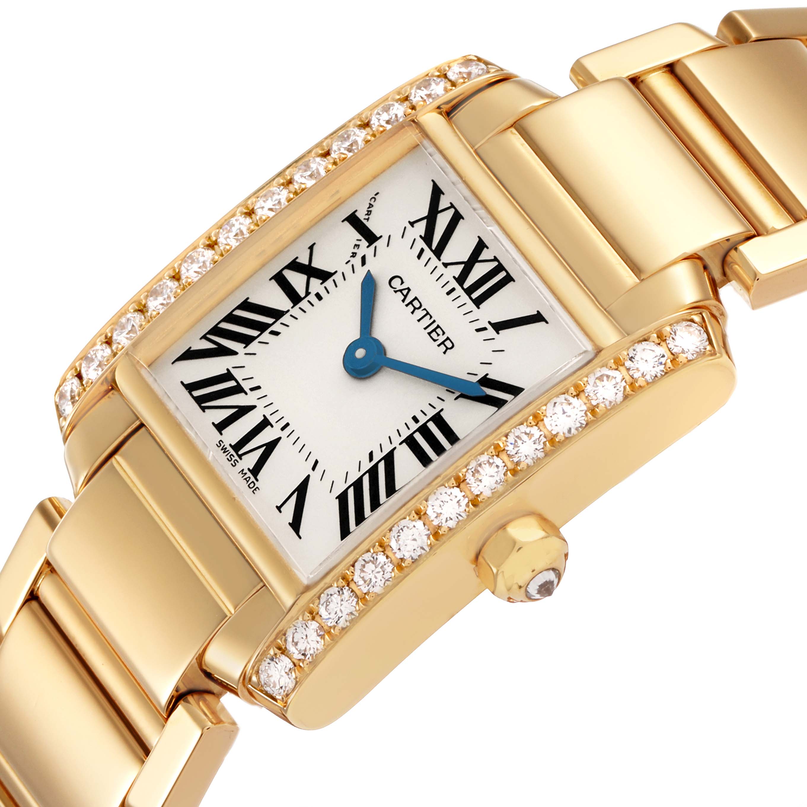 The Cartier Tank Française watch is shown at an angle highlighting its gold case, diamond bezel, Roman numeral dial, and bracelet.
