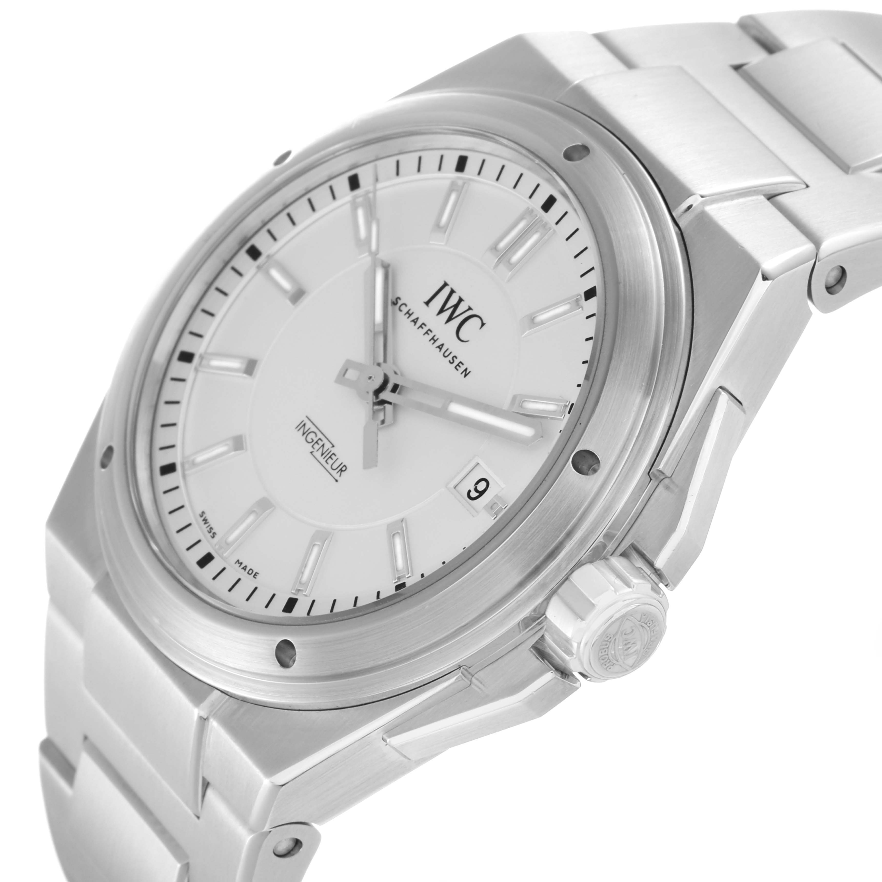 The IWC Ingenieur IW323904 Men's Stainless Steel White Dial watch is shown at a 3/4 angle, highlighting the face, bezel, crown, and part of the bracelet.