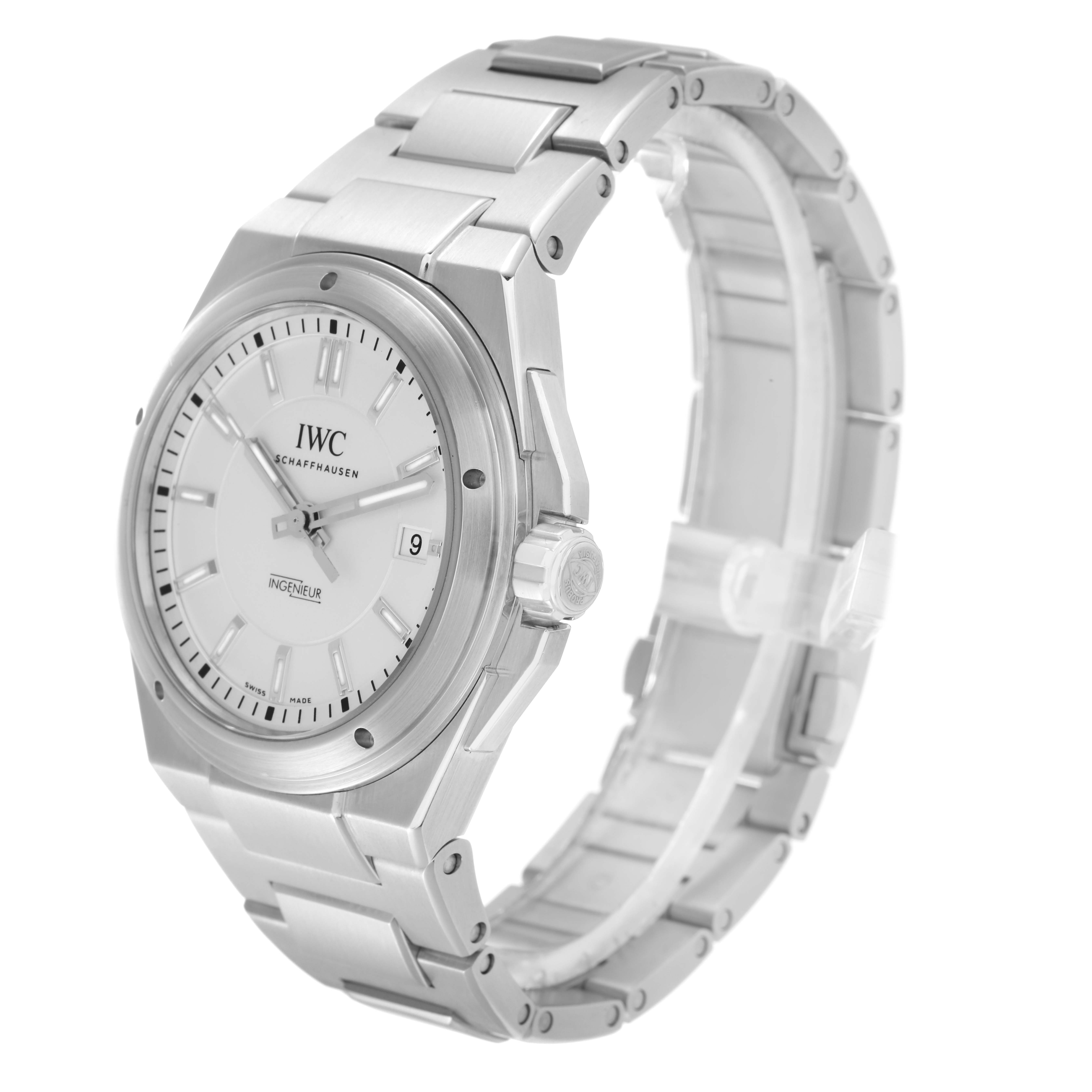 The IWC Ingenieur IW323904 Men's Stainless Steel White Dial watch is shown at a three-quarter angle, displaying the face, bezel, bracelet, and crown.