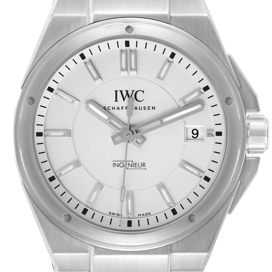 The IWC Ingenieur IW323904 Men's Stainless Steel White Dial watch is shown from a front angle, highlighting its dial, bezel, and bracelet attachment.