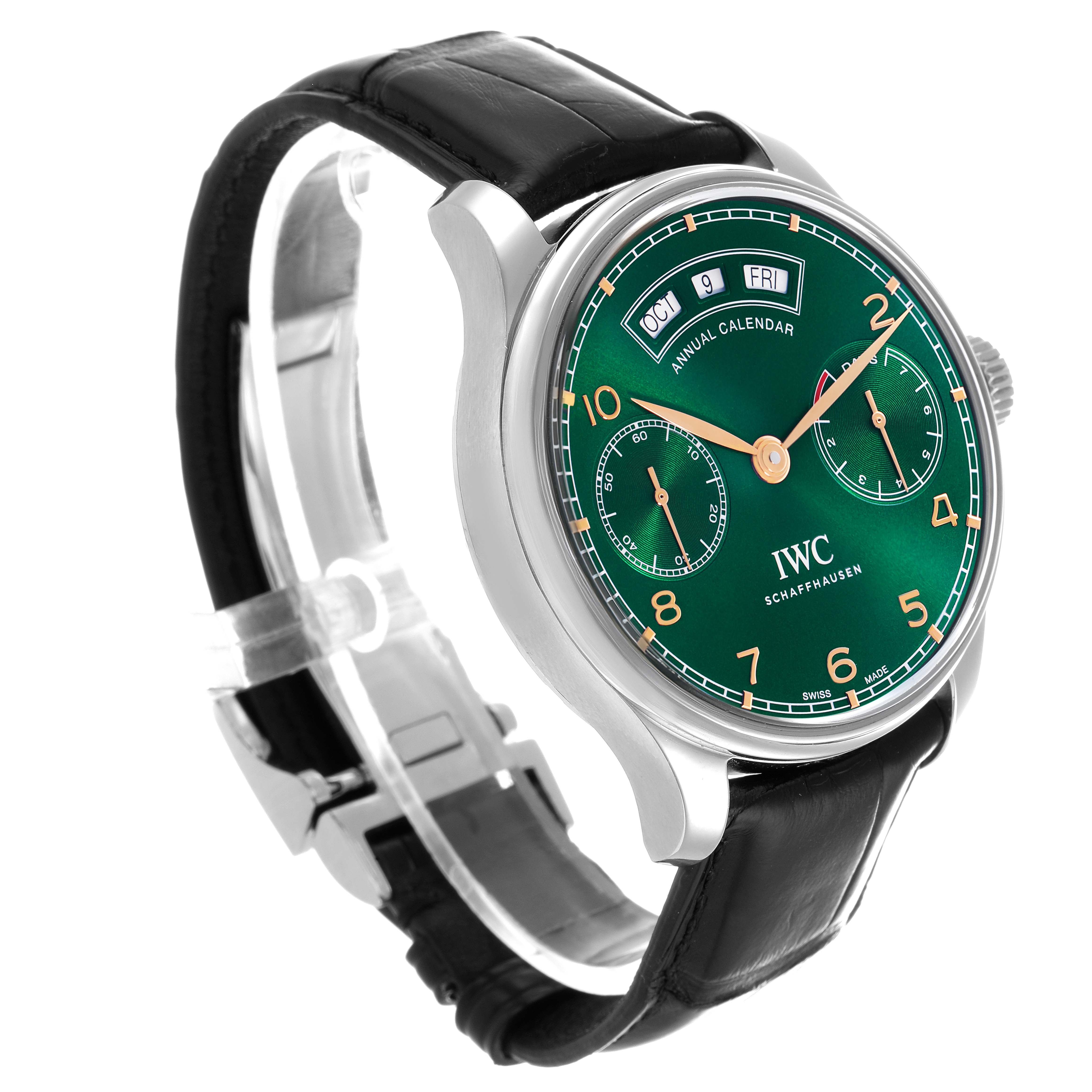 The IWC Portuguese IW503510 Men's Stainless Steel Green Dial watch is shown at a three-quarter angle, highlighting the green dial, calendar, and black leather strap.