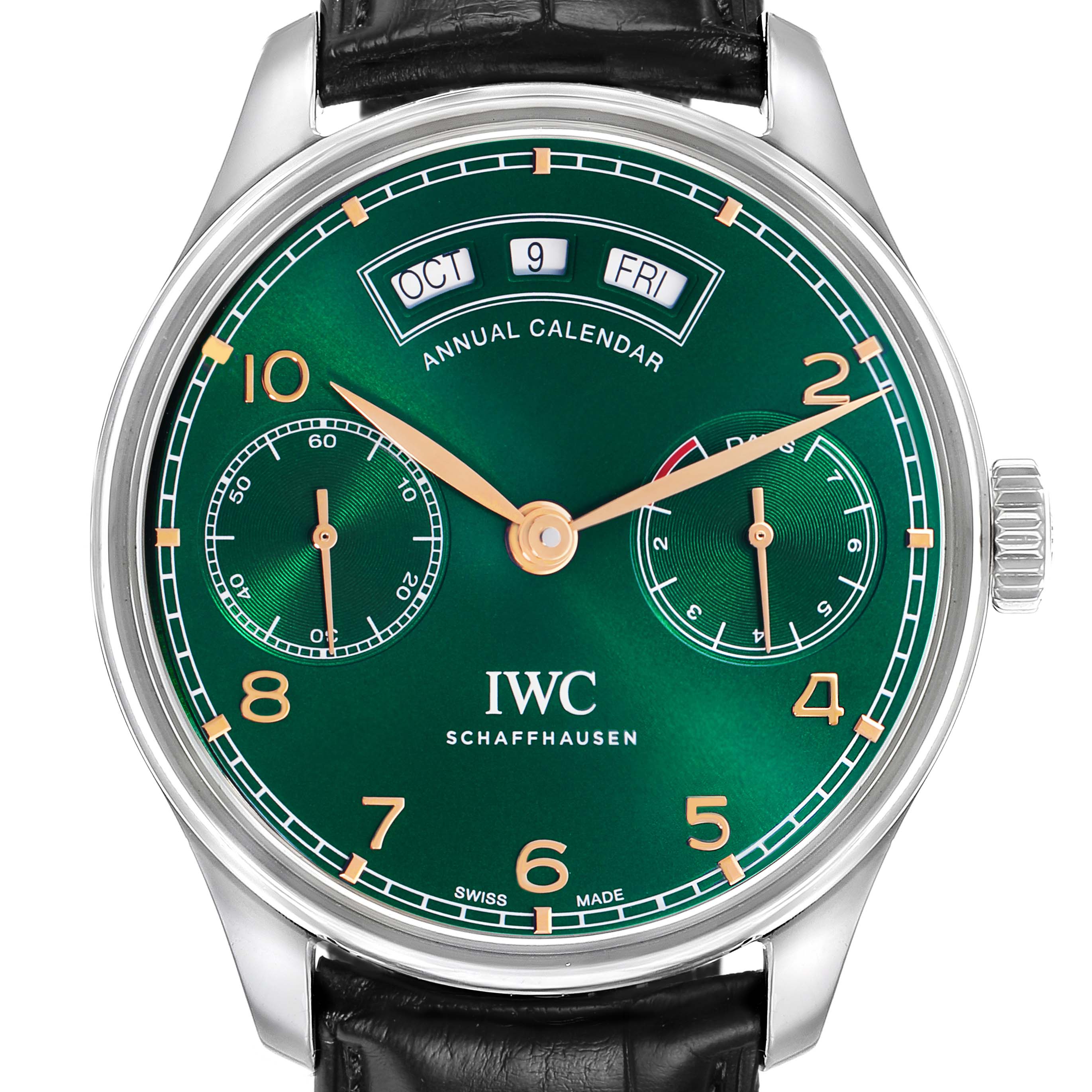 The IWC Portuguese IW503510 Men's Stainless Steel Green Dial watch is shown from a front angle, highlighting its green dial, calendar display, subdials, and leather strap.