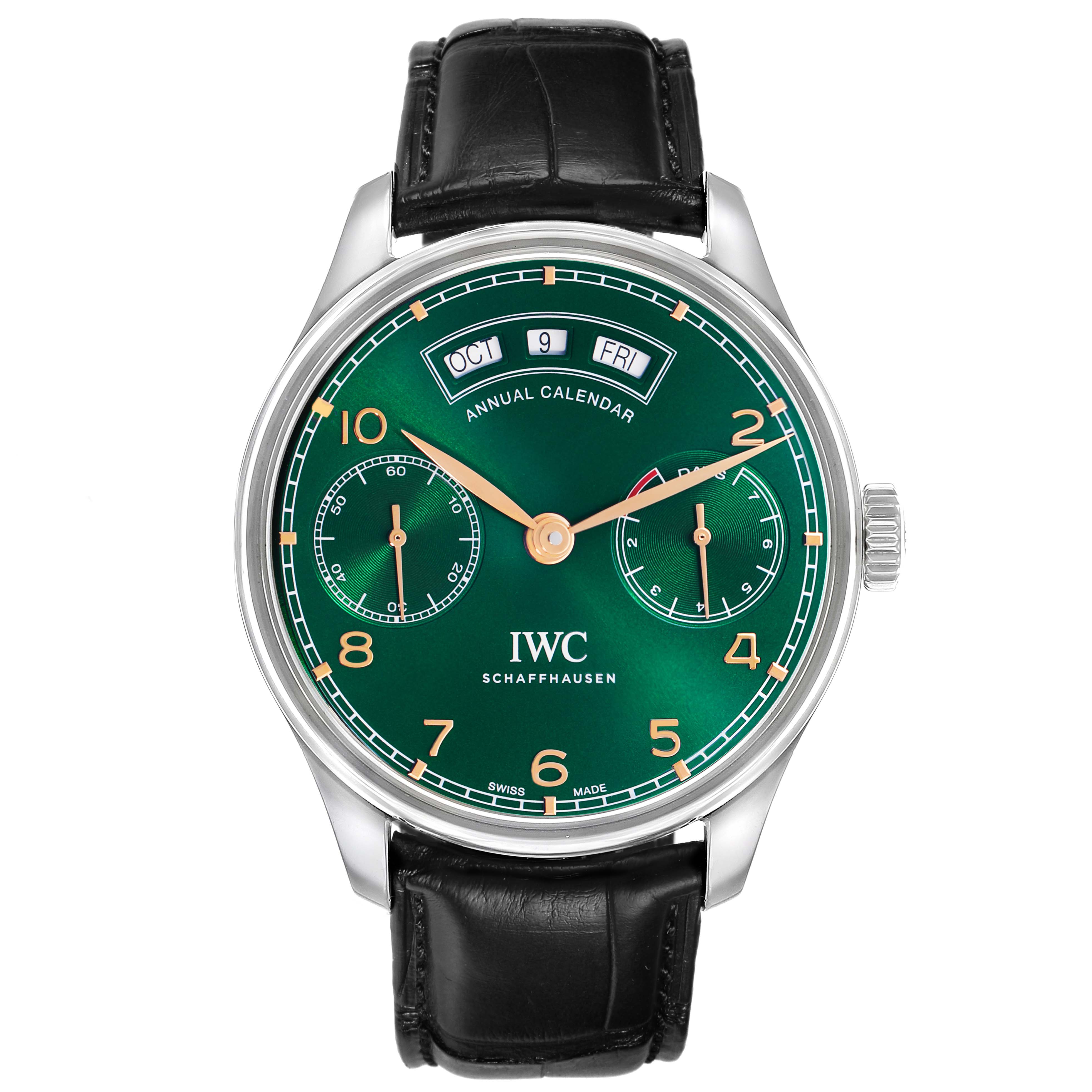 The IWC Portuguese IW503510 Men's Stainless Steel Green Dial watch is shown from a top-down angle, highlighting its green dial, gold indices, subdials, and black leather strap.