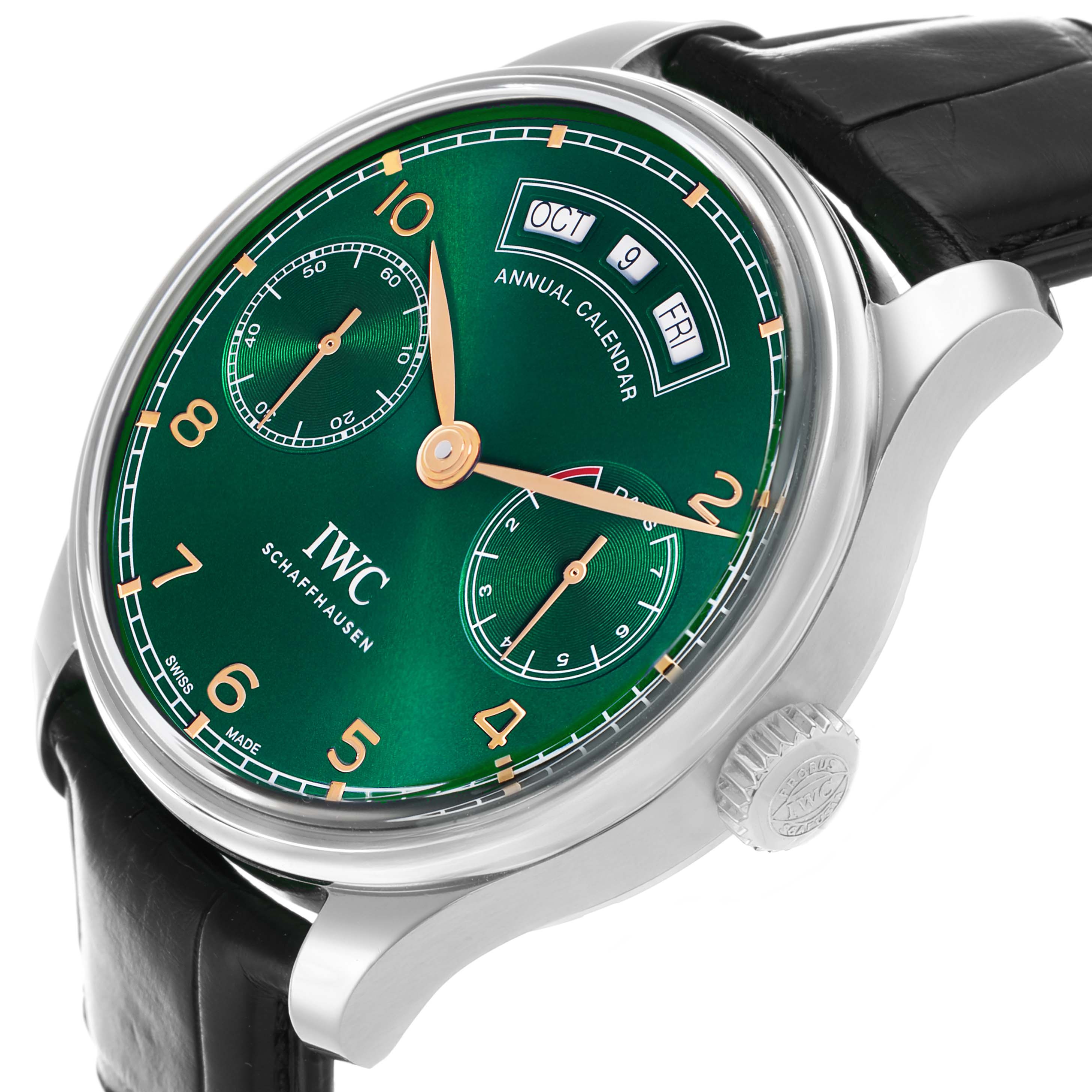 The IWC Portuguese IW503510 Men's Stainless Steel Green Dial watch is shown at a slight angle, highlighting the green dial, subdials, annual calendar, and crown.