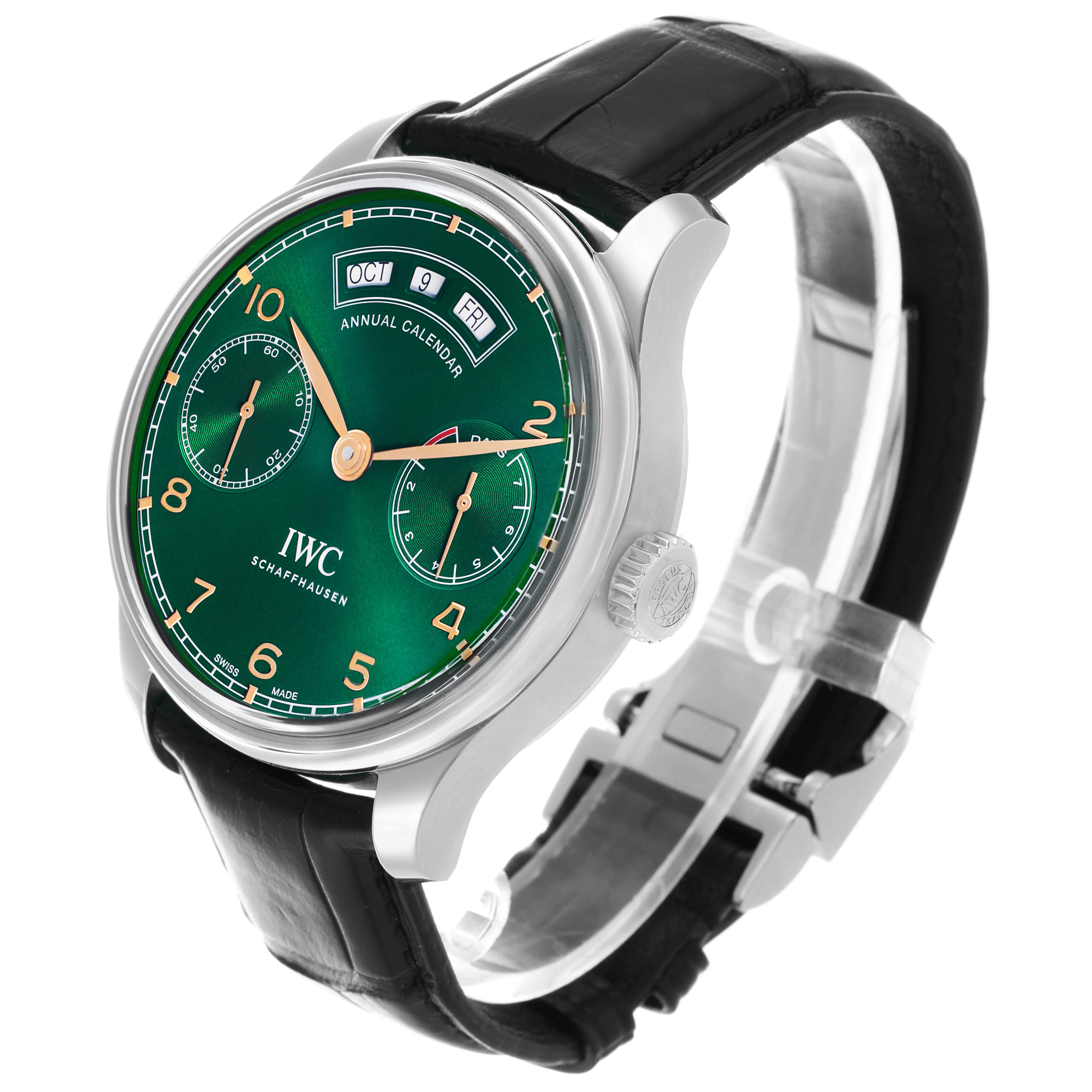 The IWC Portuguese IW503510 Men's Stainless Steel Green Dial watch is shown at an angled side view, displaying its green dial, crown, and black leather strap.