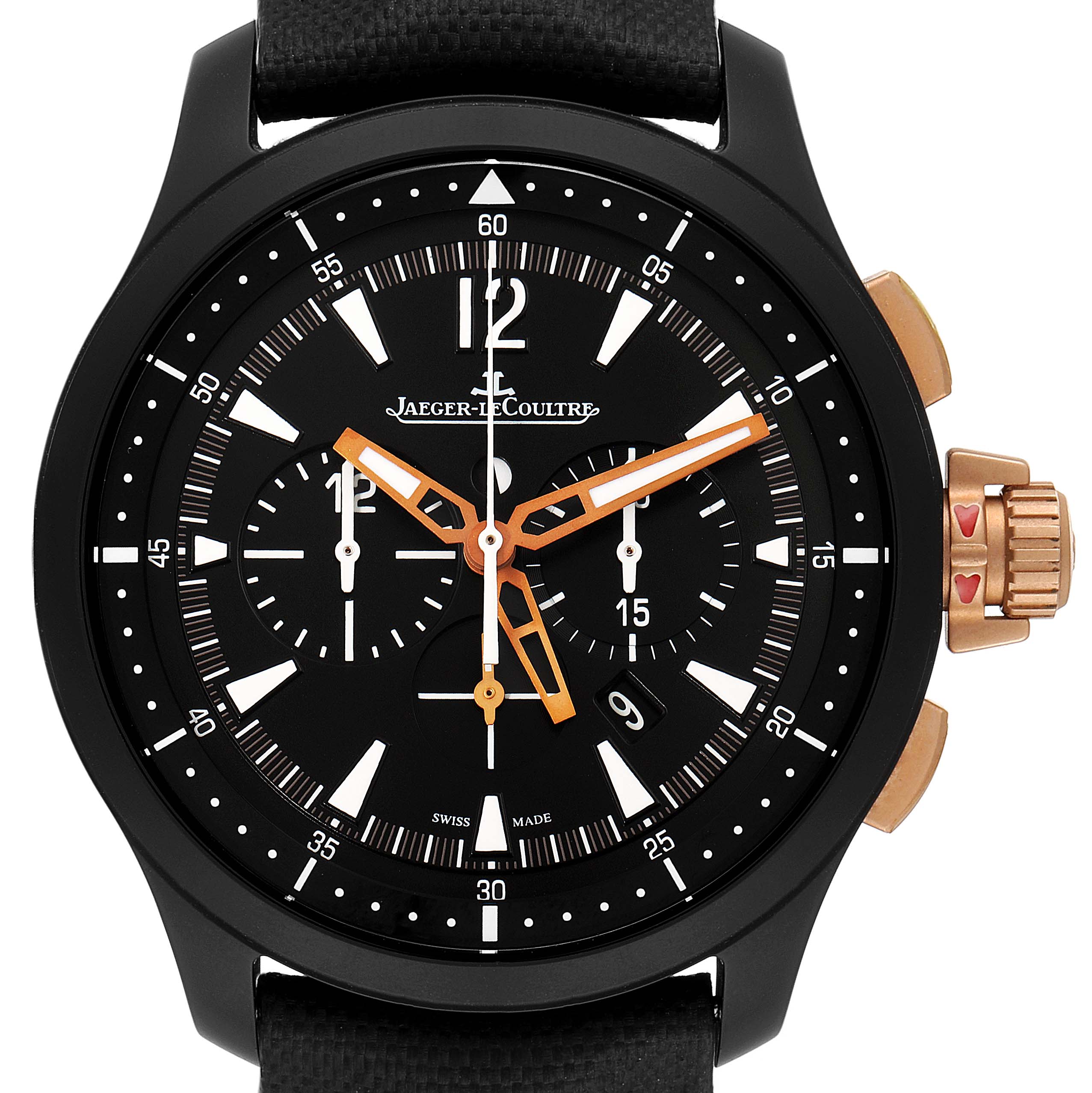 This image shows a front view of the Jaeger-LeCoultre Master model, detailing the dial, hands, subdials, and crown.