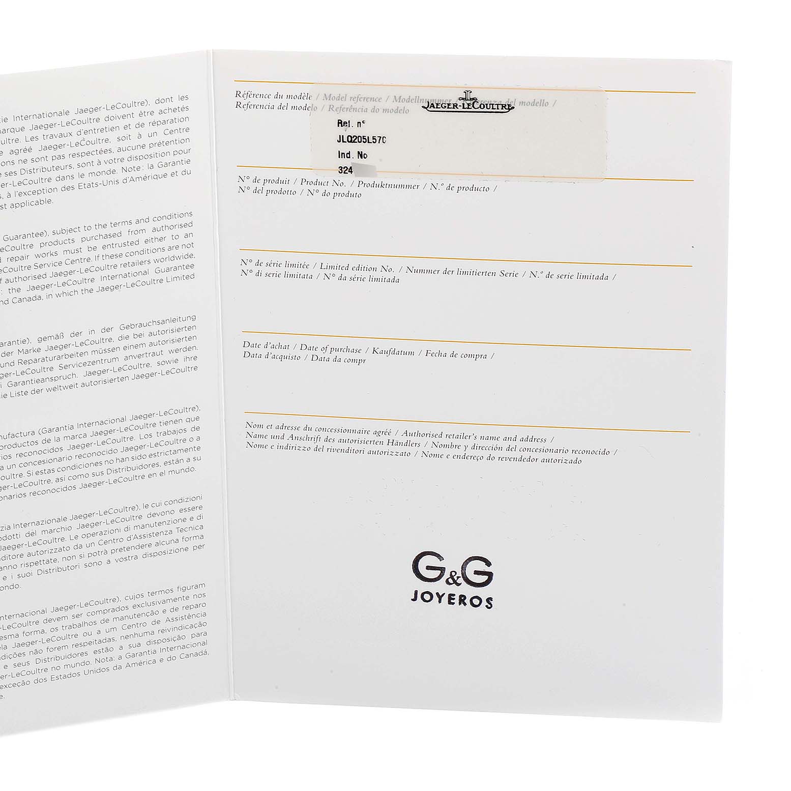 The image shows the warranty and authenticity card for the Jaeger LeCoultre Master Q205L57O Men's Ceramic Black Dial Q205L57O Men's Ceramic Black Dial model watch.