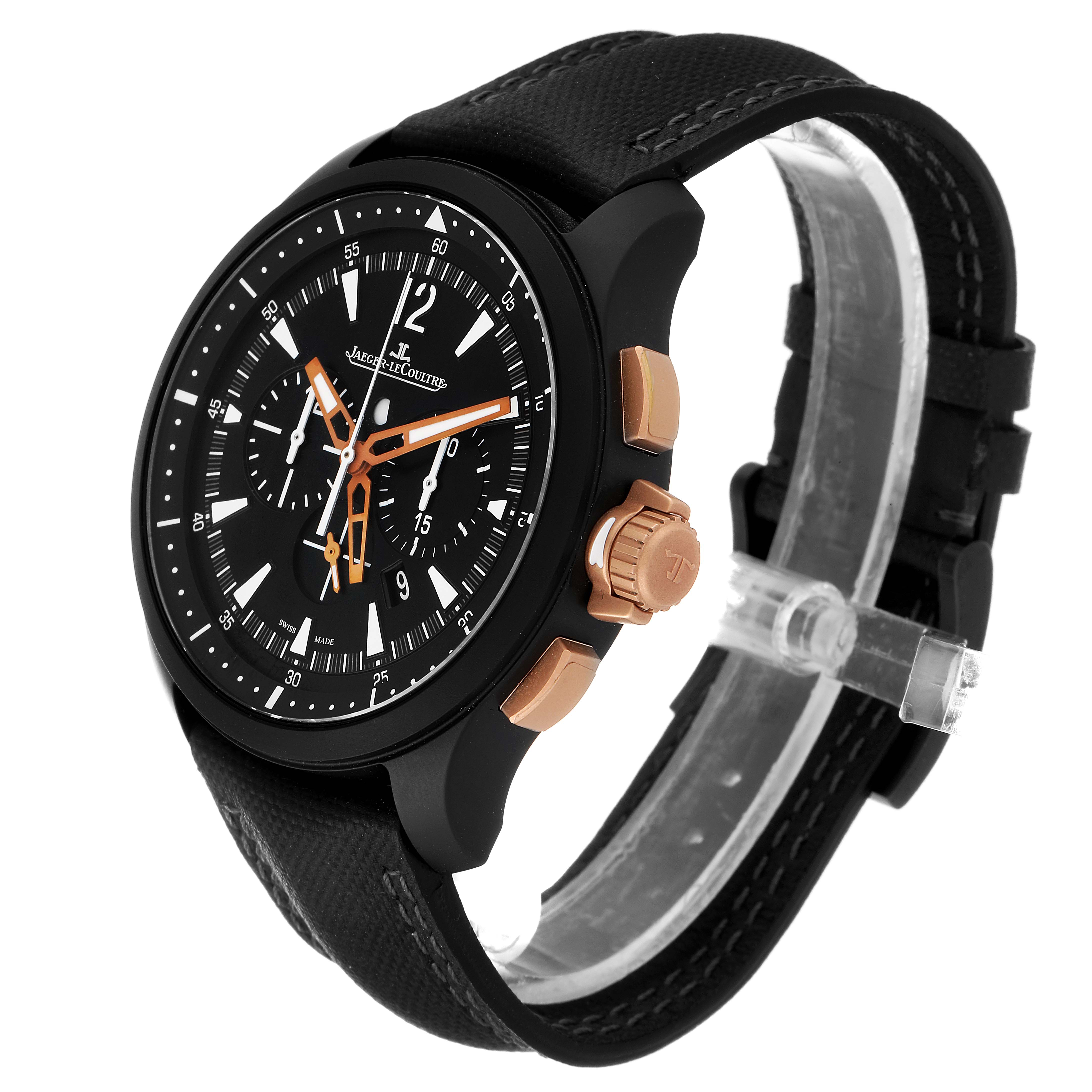 This image shows a Jaeger-LeCoultre Master watch from a three-quarter angle, highlighting its dial, crown, and pushers.