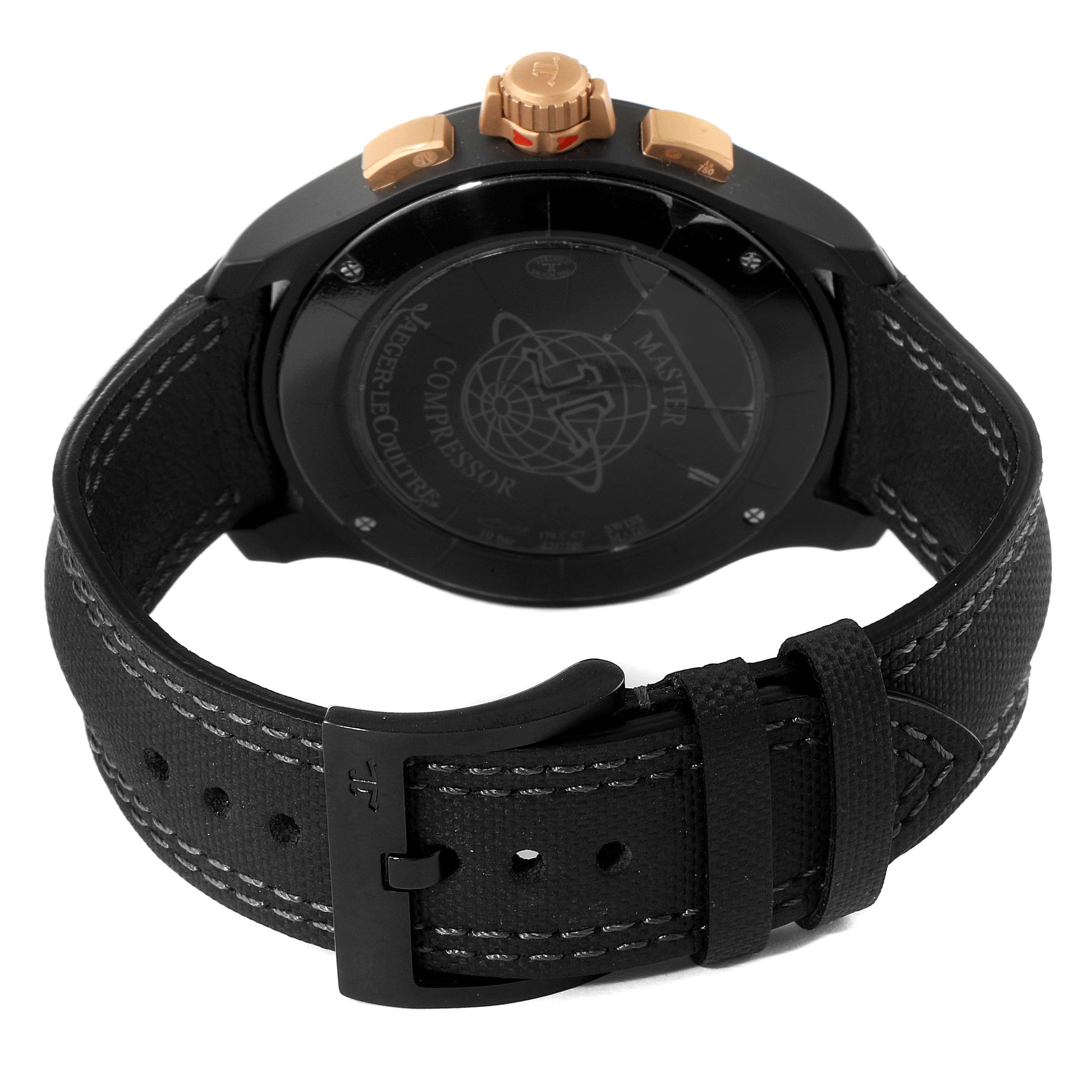 The image shows the back case and strap of a Jaeger LeCoultre Master Q205L57O Men's Ceramic Black Dial Q205L57O Men's Ceramic Black Dial Compressor watch.