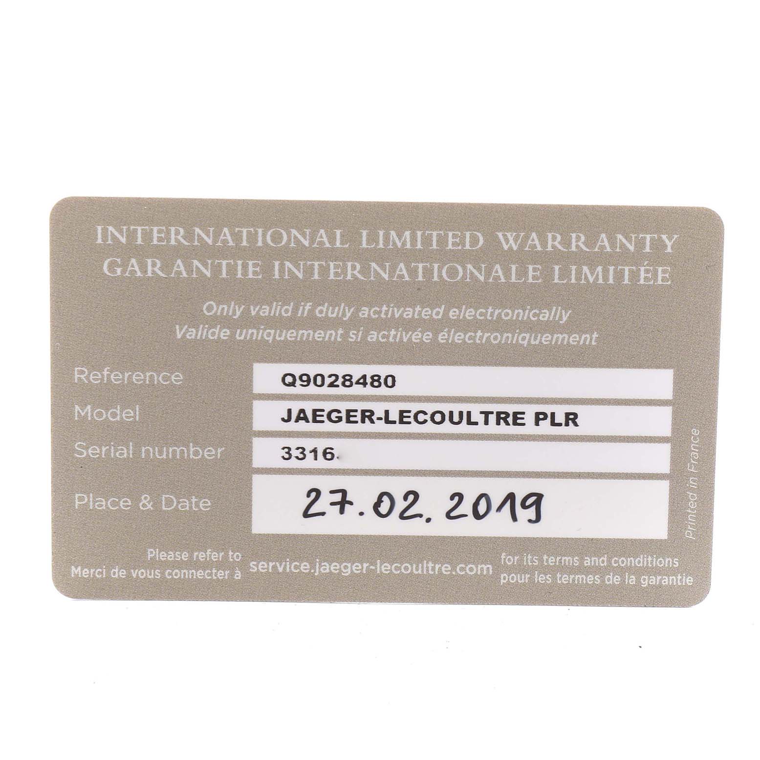 The image shows the warranty card for a Jaeger LeCoultre Polaris Q9028480 Men's Stainless Steel Blue Dial Q9028480 Men's Stainless Steel Blue Dial watch, including the reference number, model, serial number, and date.