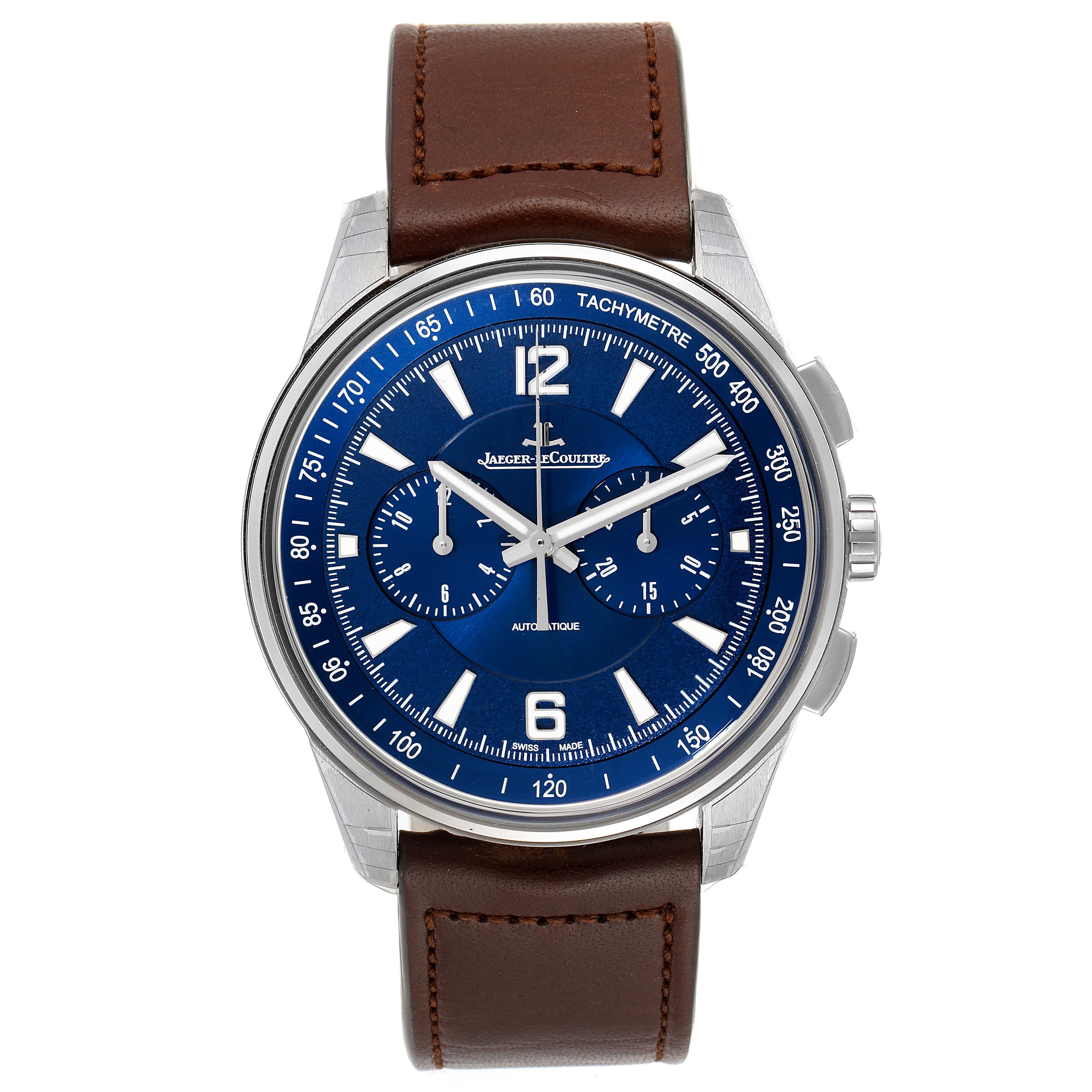The image shows a front view of the Jaeger-LeCoultre Polaris watch with a blue dial and brown leather strap.