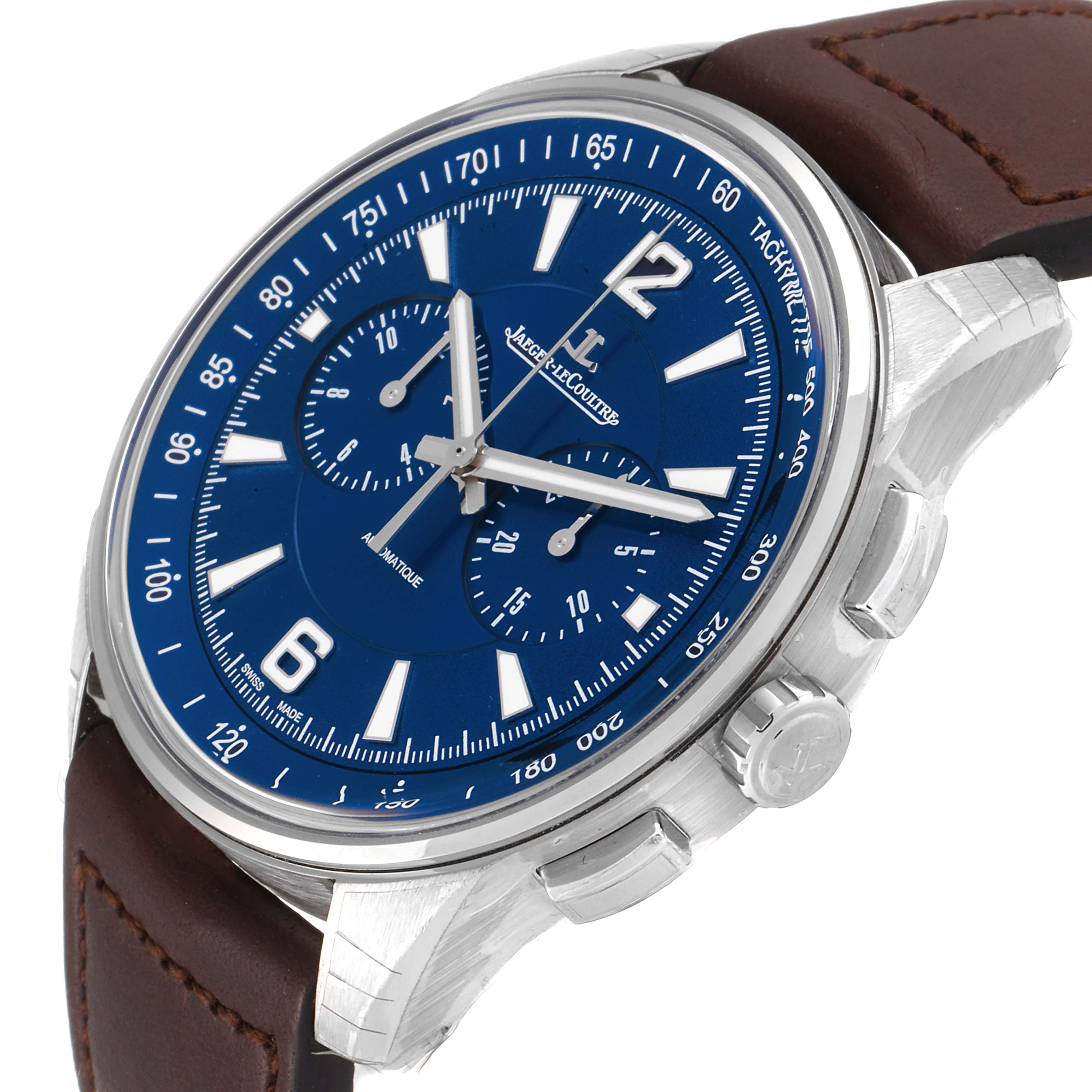 The image shows a side-angle view of the Jaeger LeCoultre Polaris Q9028480 Men's Stainless Steel Blue Dial Q9028480 Men's Stainless Steel Blue Dial watch, highlighting its blue dial, crown, pushers, and brown leather strap.