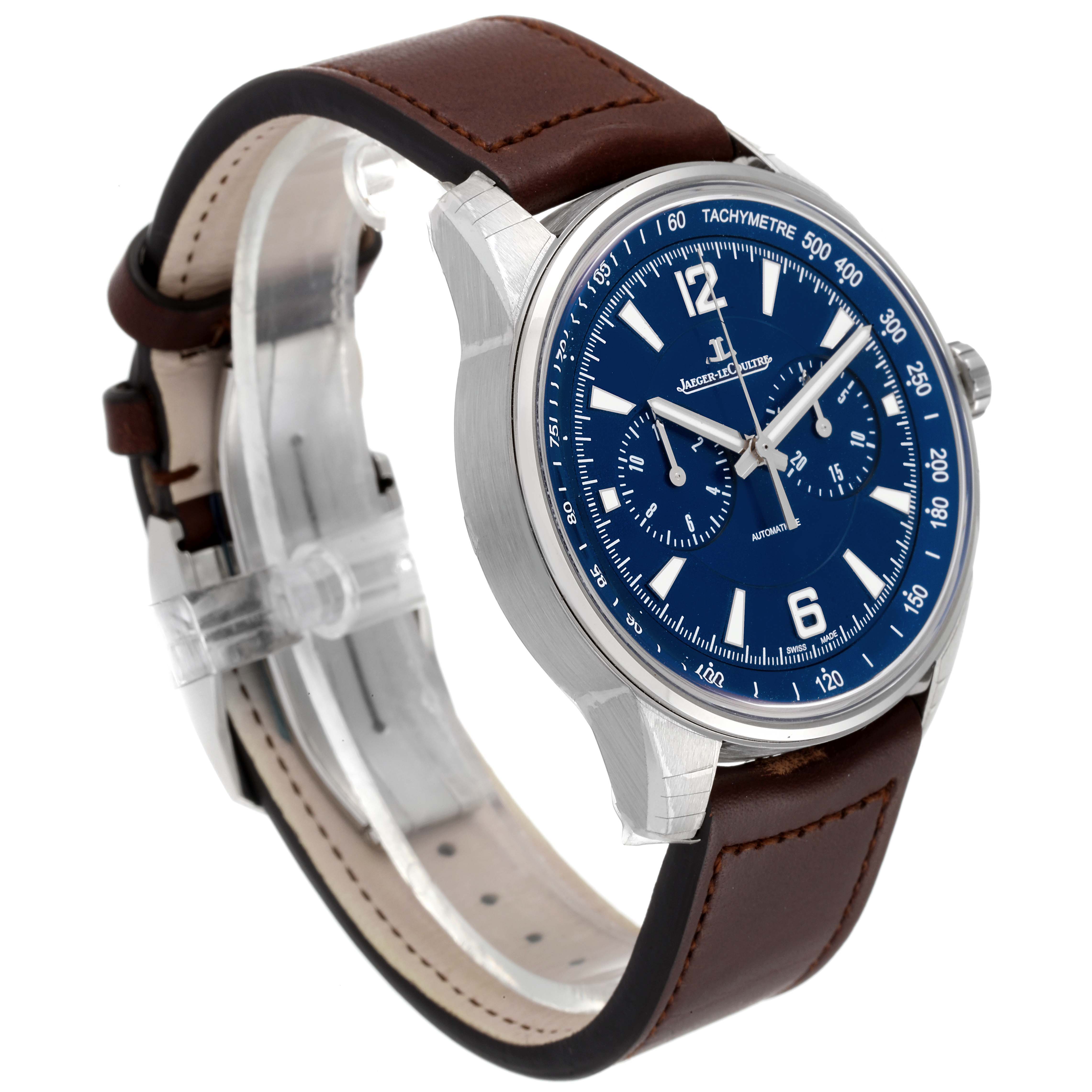 The image shows a Jaeger-LeCoultre Polaris watch with a blue dial and brown leather strap, angled from the front-left side.