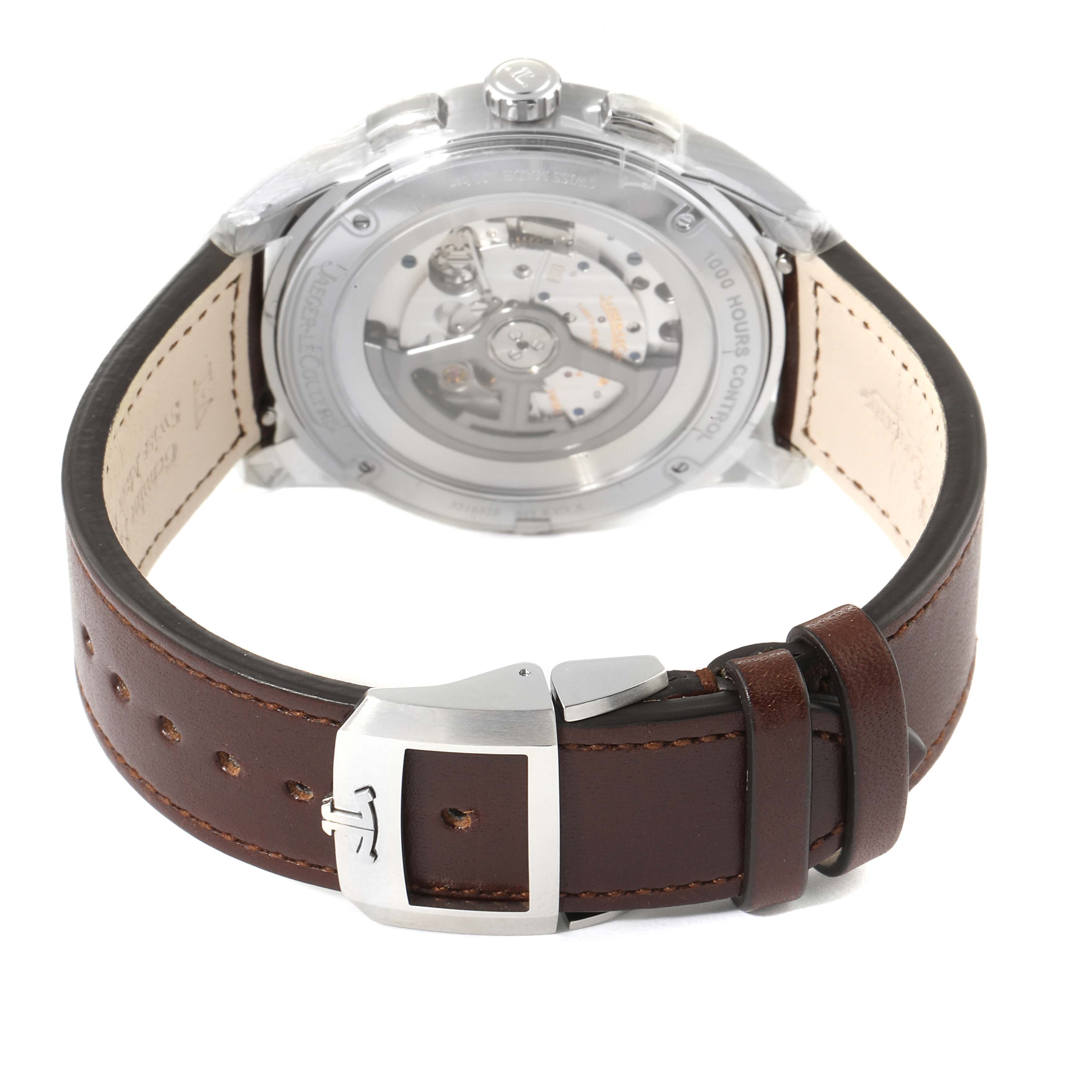 The image shows the back view of a Jaeger LeCoultre Polaris Q9028480 Men's Stainless Steel Blue Dial Q9028480 Men's Stainless Steel Blue Dial watch, highlighting the movement and brown leather strap with buckle.