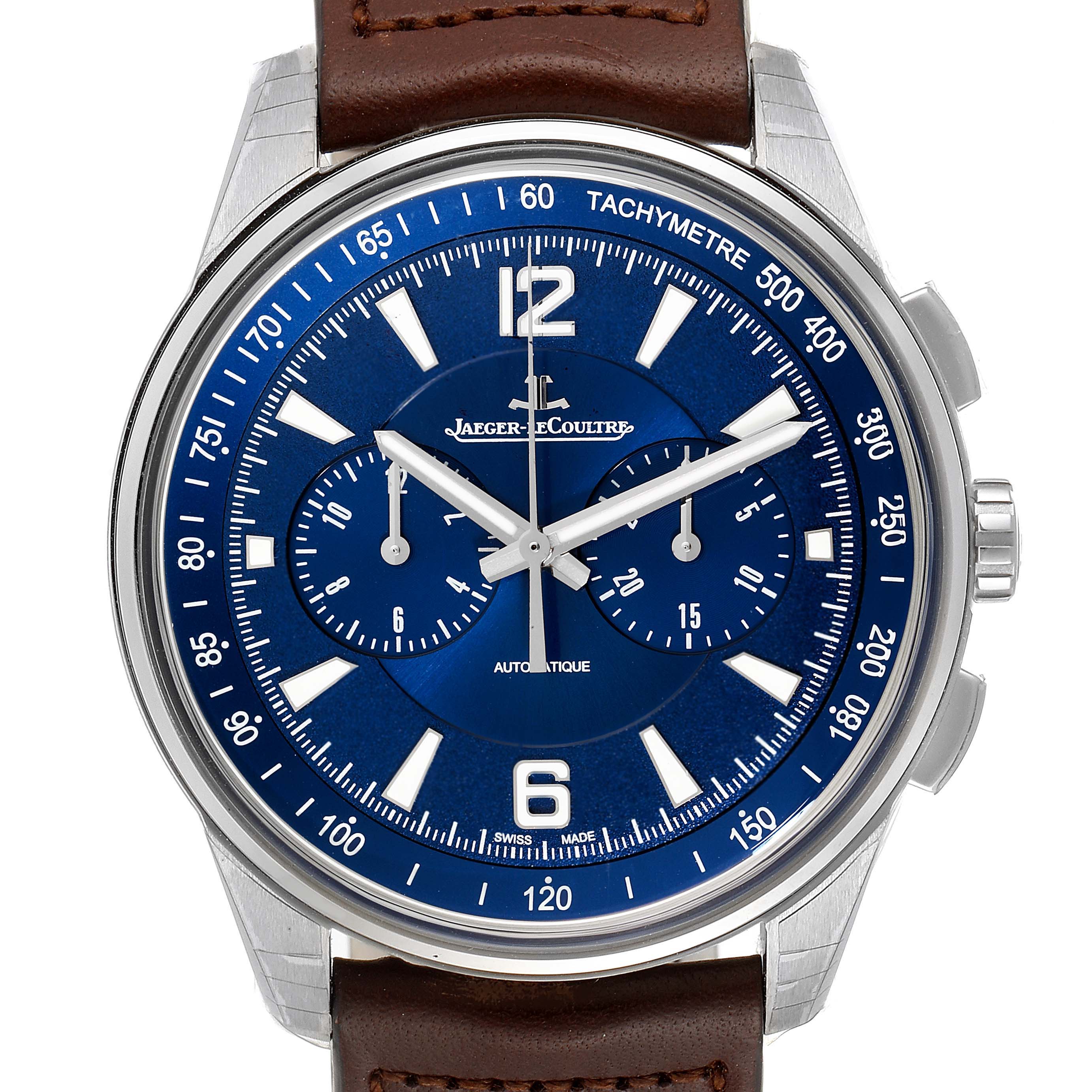 This image shows a front view of the Jaeger LeCoultre Polaris Q9028480 Men's Stainless Steel Blue Dial Q9028480 Men's Stainless Steel Blue Dial watch, highlighting its blue dial, tachymeter, and brown leather strap.