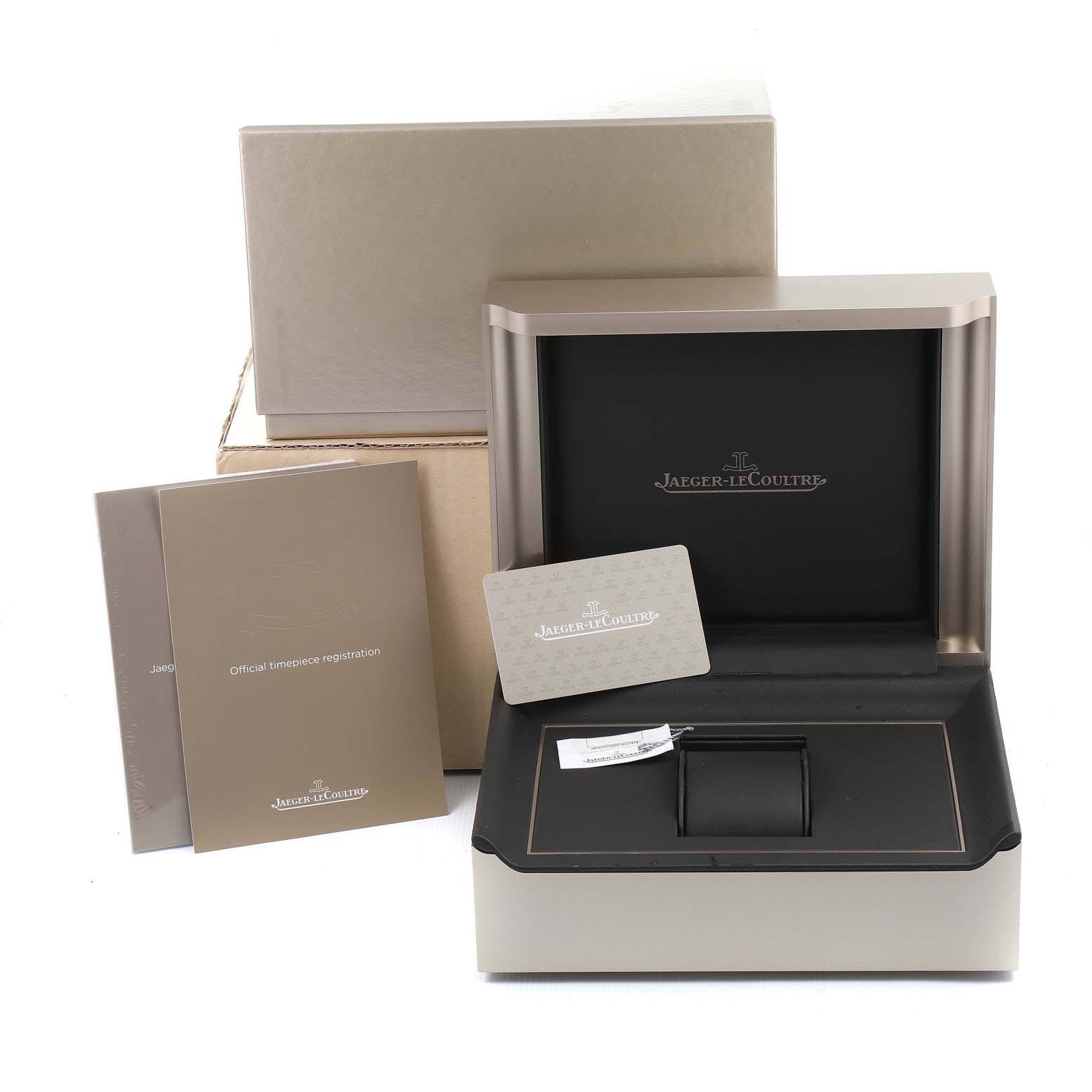 The image shows the packaging, box, warranty card, and manuals for a Jaeger LeCoultre Polaris Q9028480 Men's Stainless Steel Blue Dial Q9028480 Men's Stainless Steel Blue Dial watch.