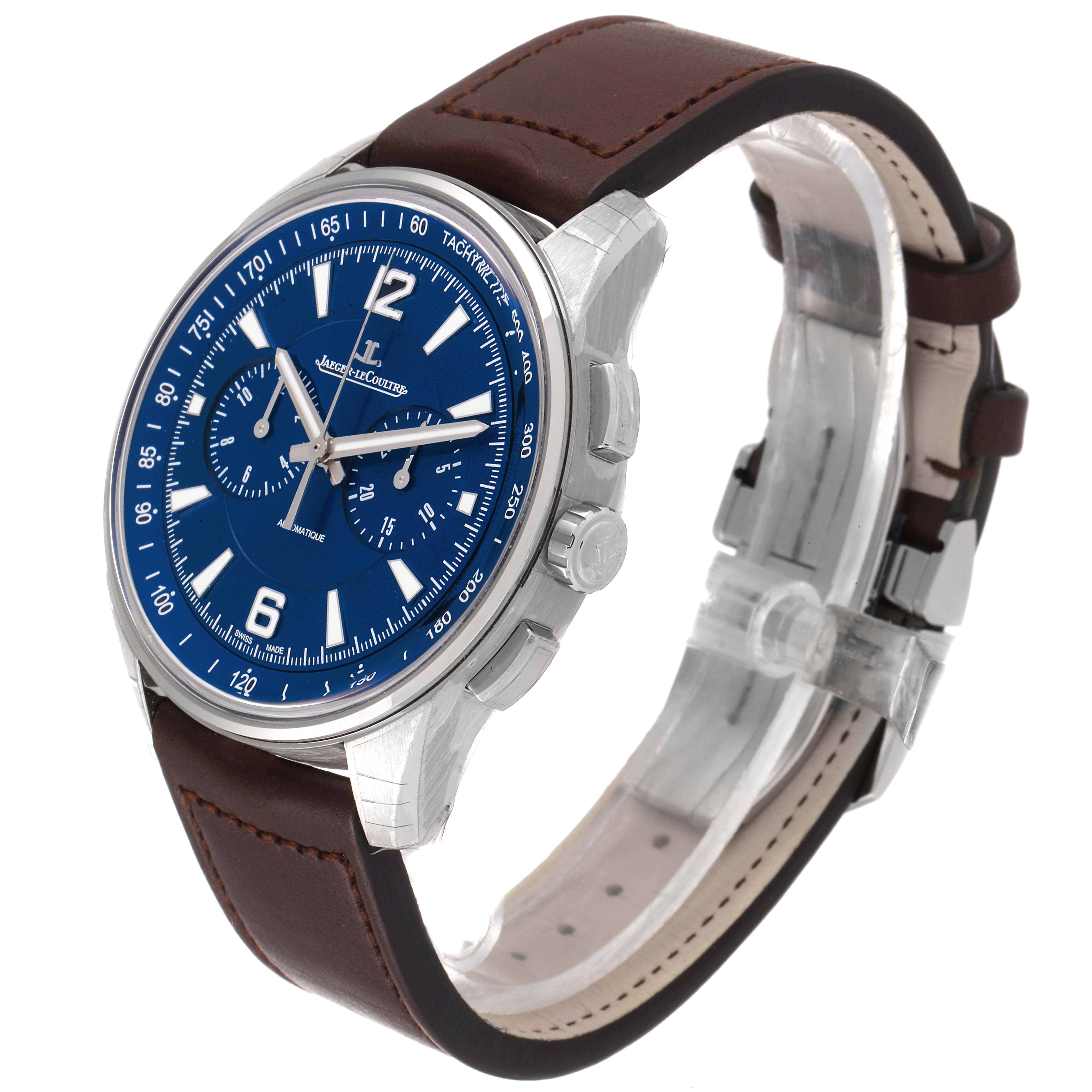 The Jaeger-LeCoultre Polaris watch is shown at a three-quarter angle, highlighting its blue dial, chronograph subdials, and brown leather strap.