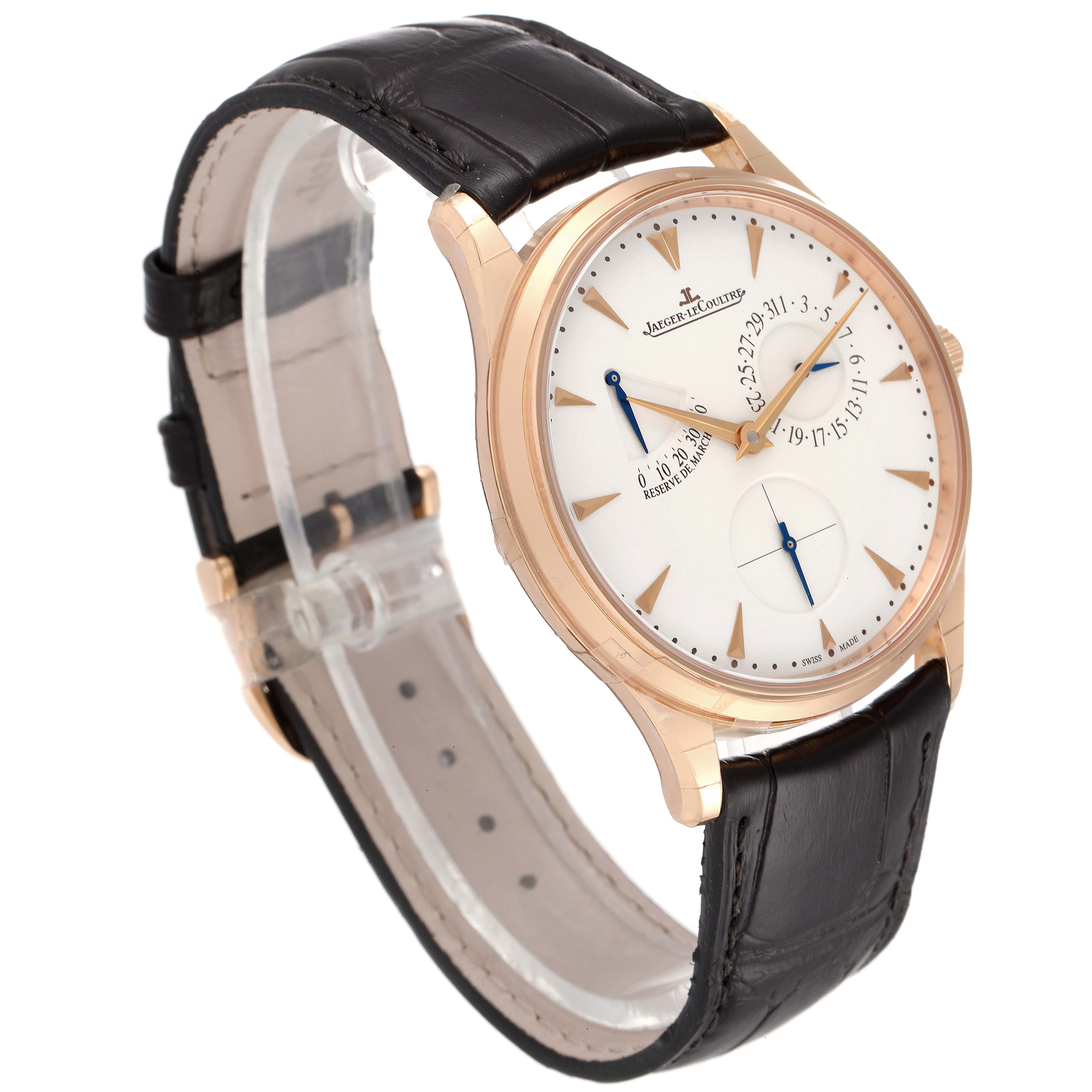 This image shows a Jaeger-LeCoultre Master model watch from a front-side angle, highlighting its face and leather strap.