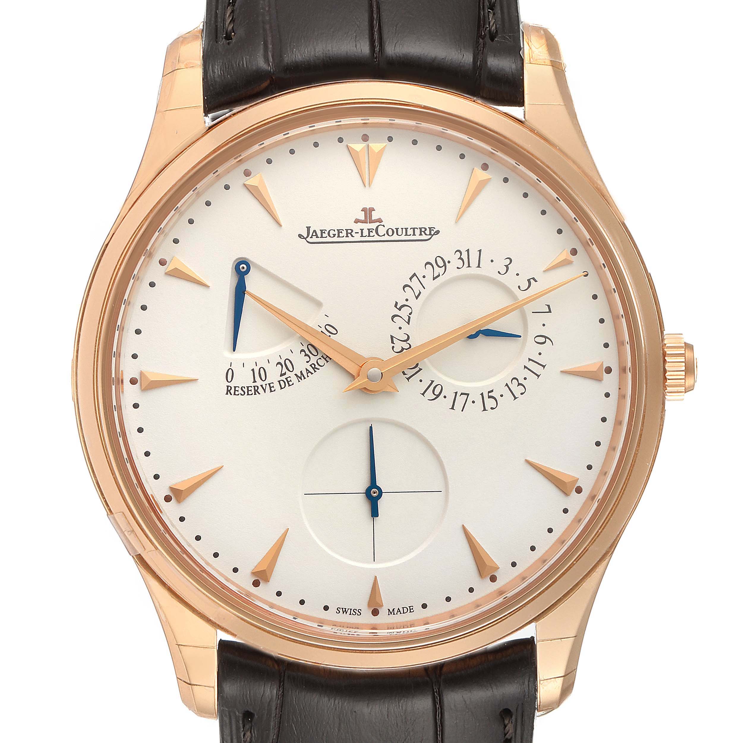 The image shows a front view of the Jaeger LeCoultre Master Q1372520 Men's Rose Gold Silver Dial Q1372520 Men's Rose Gold Silver Dial model watch, highlighting its dial and straps.