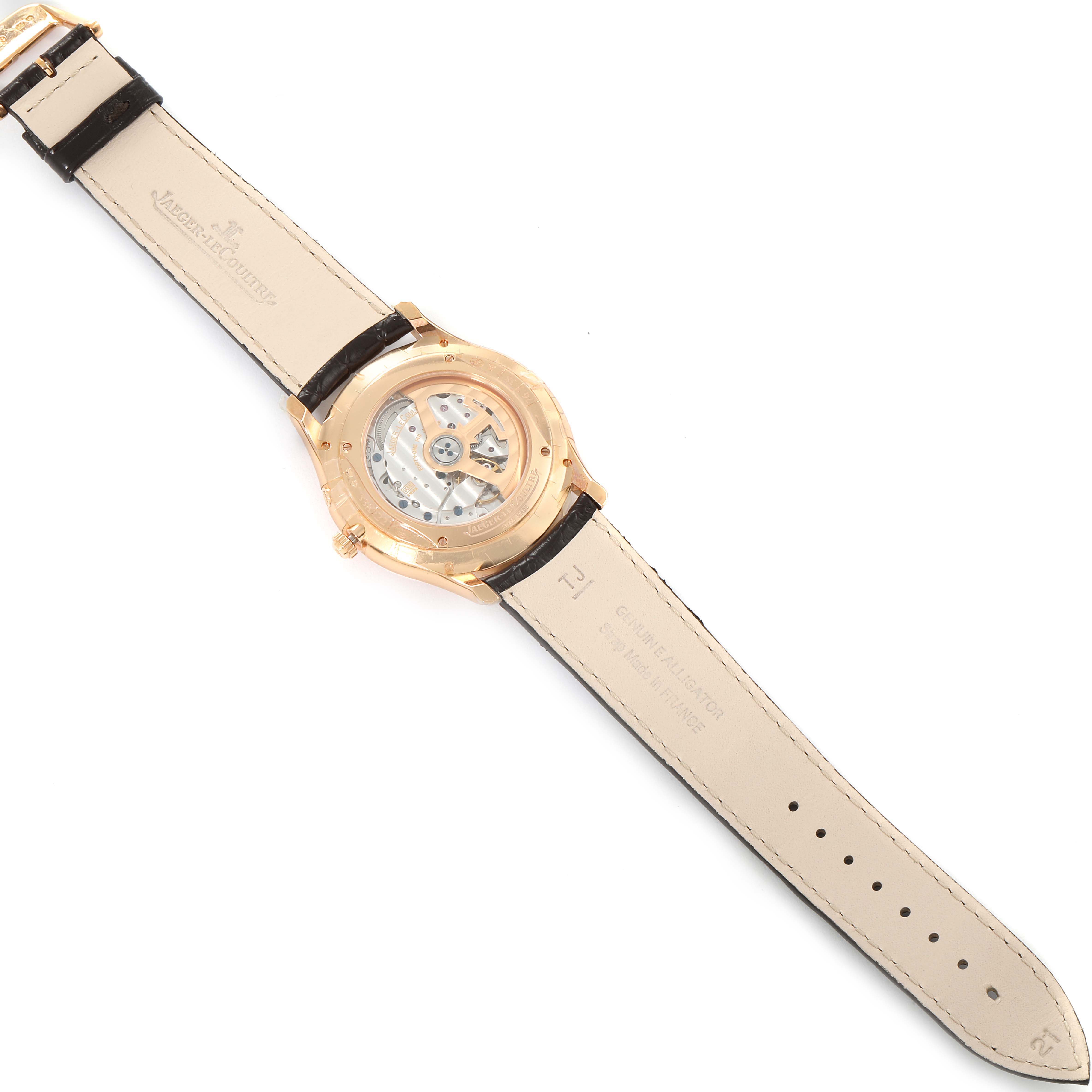 This image shows the back view of a Jaeger-LeCoultre Master model watch, highlighting its transparent case back and leather strap.