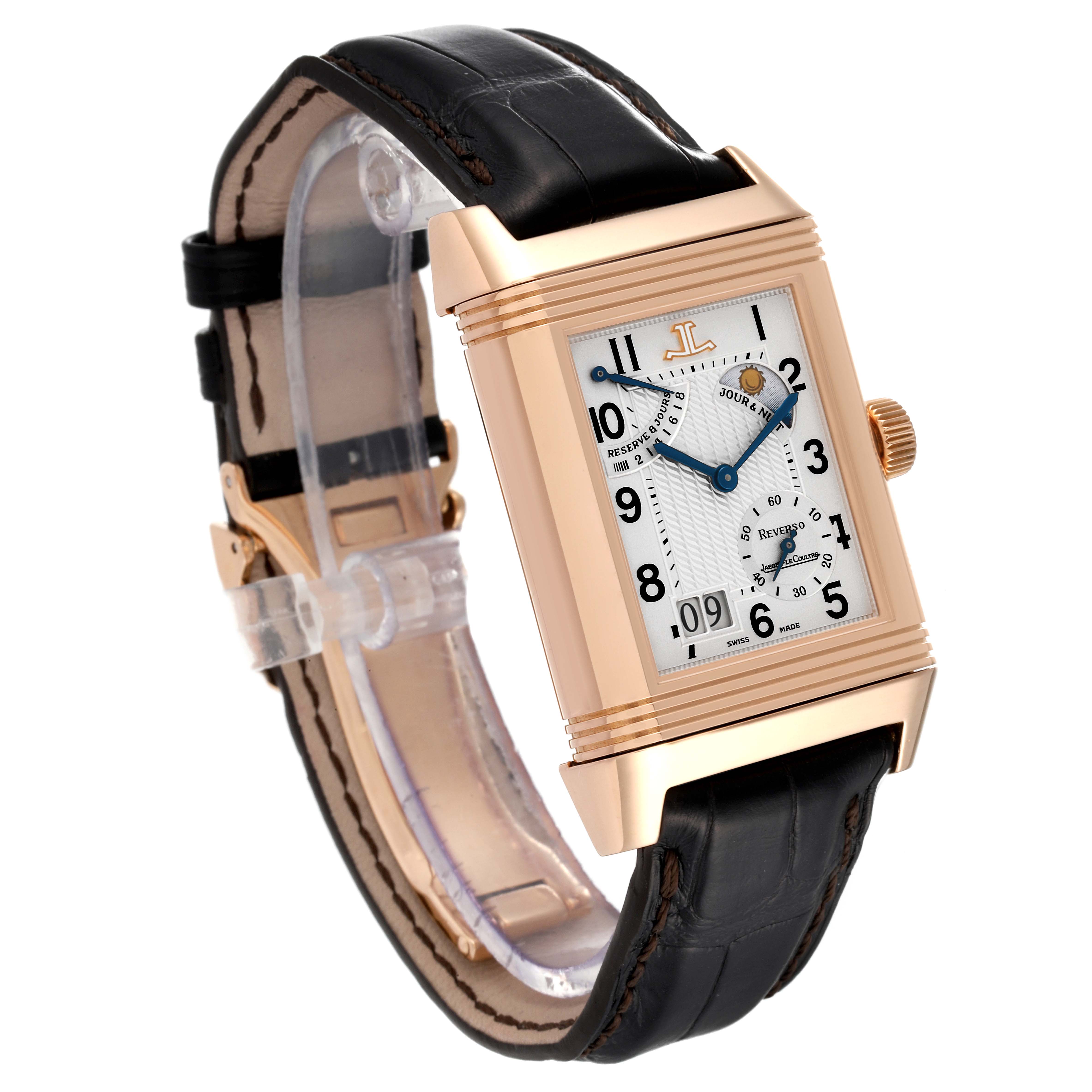 The image displays the Jaeger LeCoultre Reverso Q3002420 Men's Rose Gold Silver Dial Q3002420 Men's Rose Gold Silver Dial watch at a three-quarter angle, showing the dial, case, strap, and crown in detail.