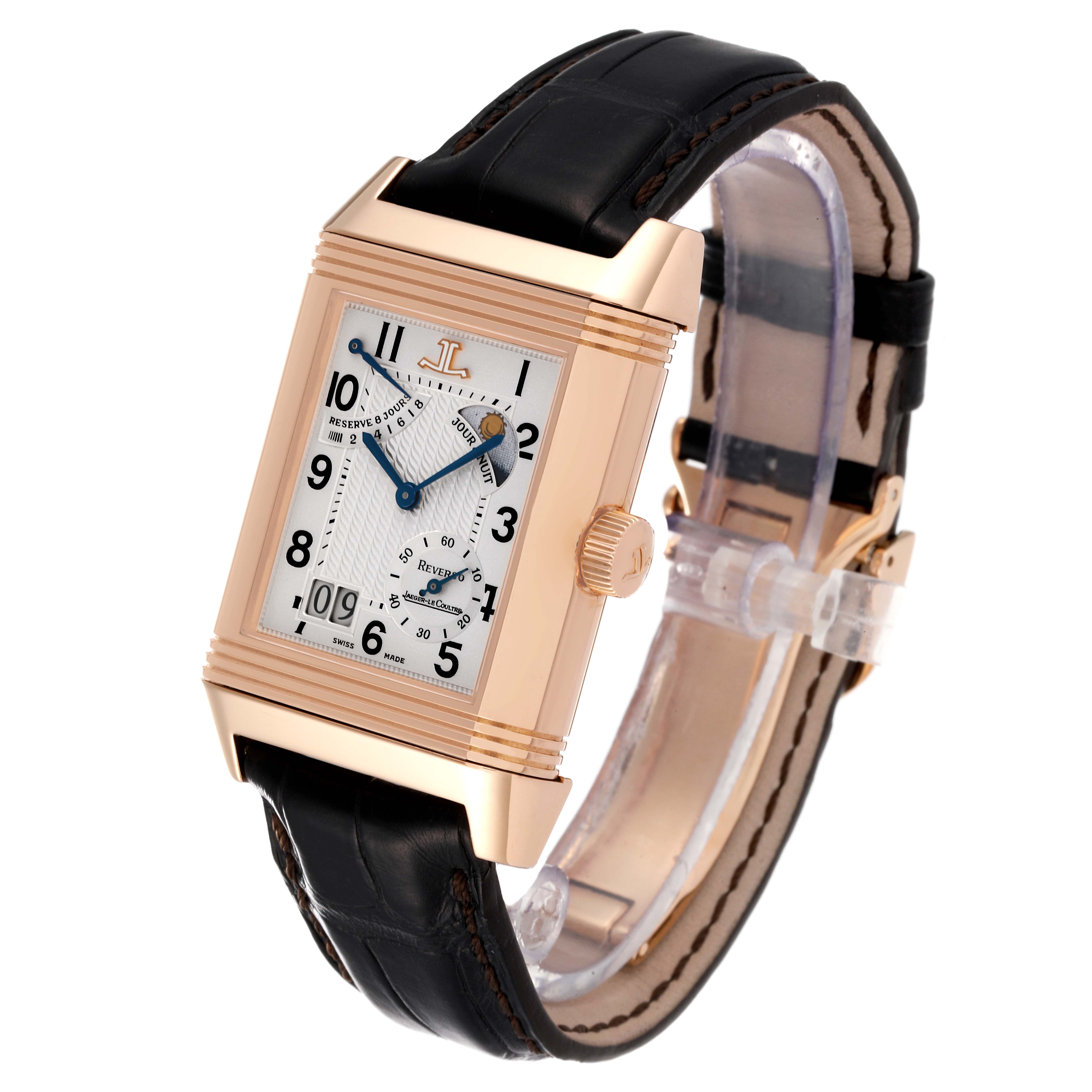 The image shows a Jaeger LeCoultre Reverso Q3002420 Men's Rose Gold Silver Dial Q3002420 Men's Rose Gold Silver Dial watch, displaying a front view of the dial and part of the black leather strap.