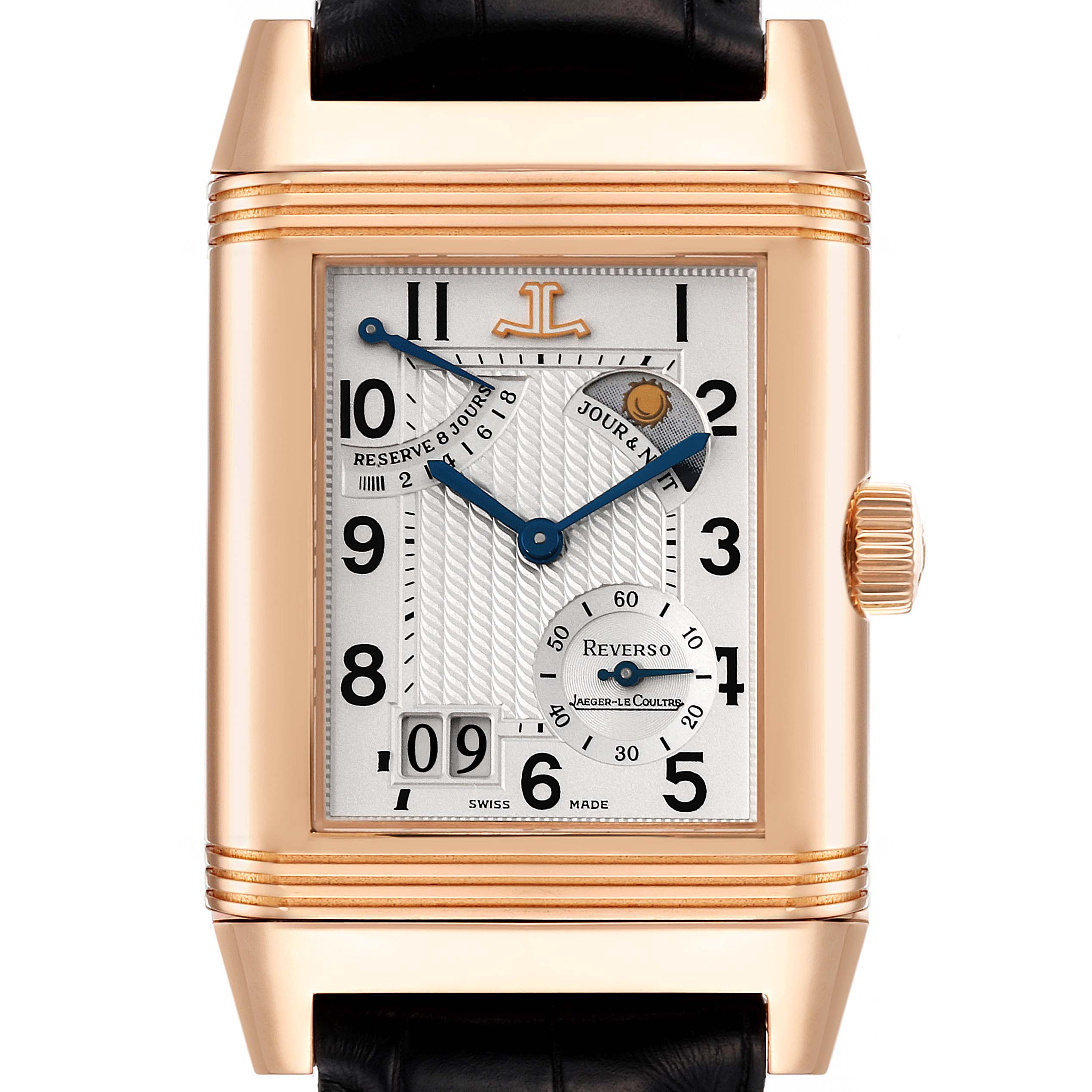 This image shows a frontal view of the Jaeger-LeCoultre Reverso watch, highlighting its dial, crown, and leather strap.