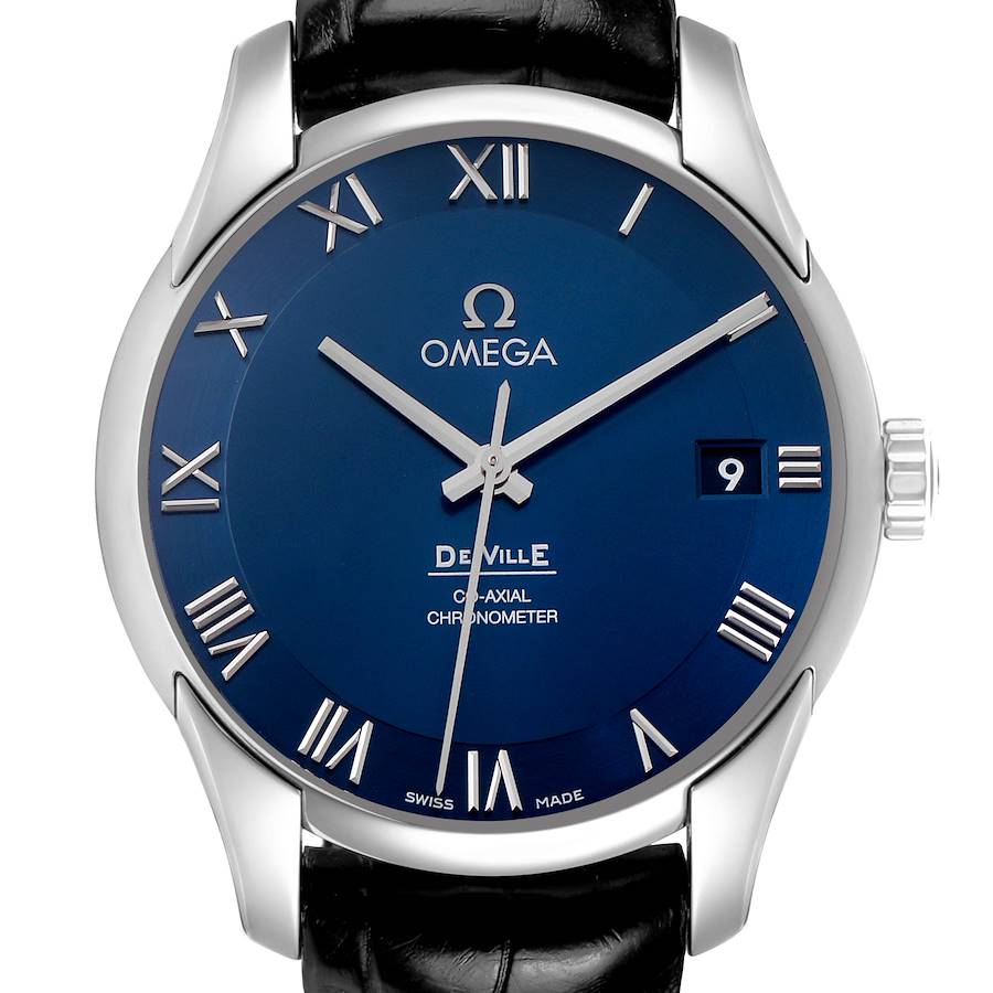 The Omega De Ville 431.13.41.21.03.001 Men's Stainless Steel Blue Dial watch is shown from a front angle, highlighting the blue dial, Roman numerals, and the crown.