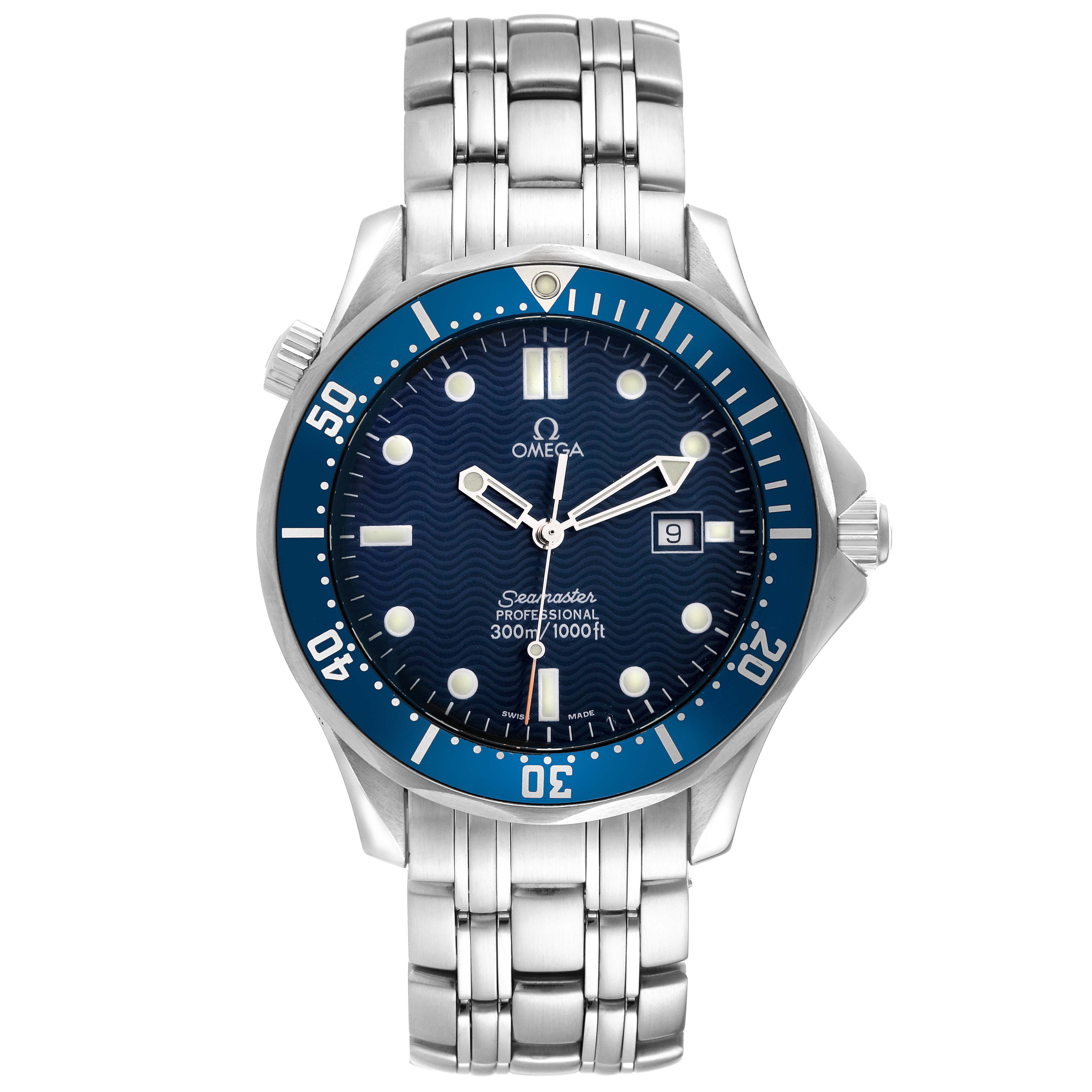 The image shows a front view of the Omega Seamaster 2541.80.00 Men
s Stainless Steel Blue Dial 2541.80.00 Men
s Stainless Steel Blue Dial watch, displaying its dial, bezel, date window, and stainless steel bracelet.
