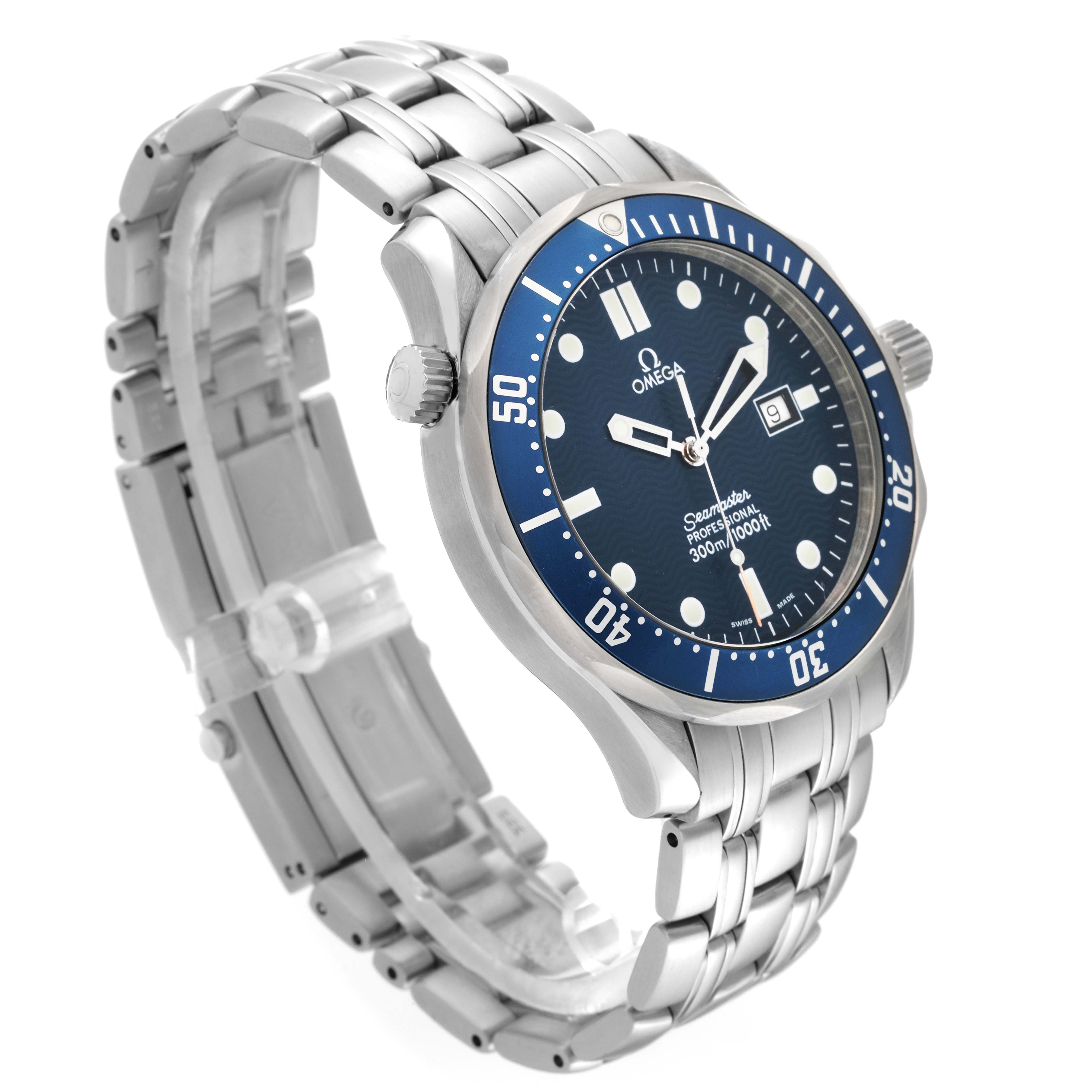 The image shows an angled view of an Omega Seamaster 2541.80.00 Men
s Stainless Steel Blue Dial 2541.80.00 Men
s Stainless Steel Blue Dial watch, highlighting the dial, bracelet, and crown.