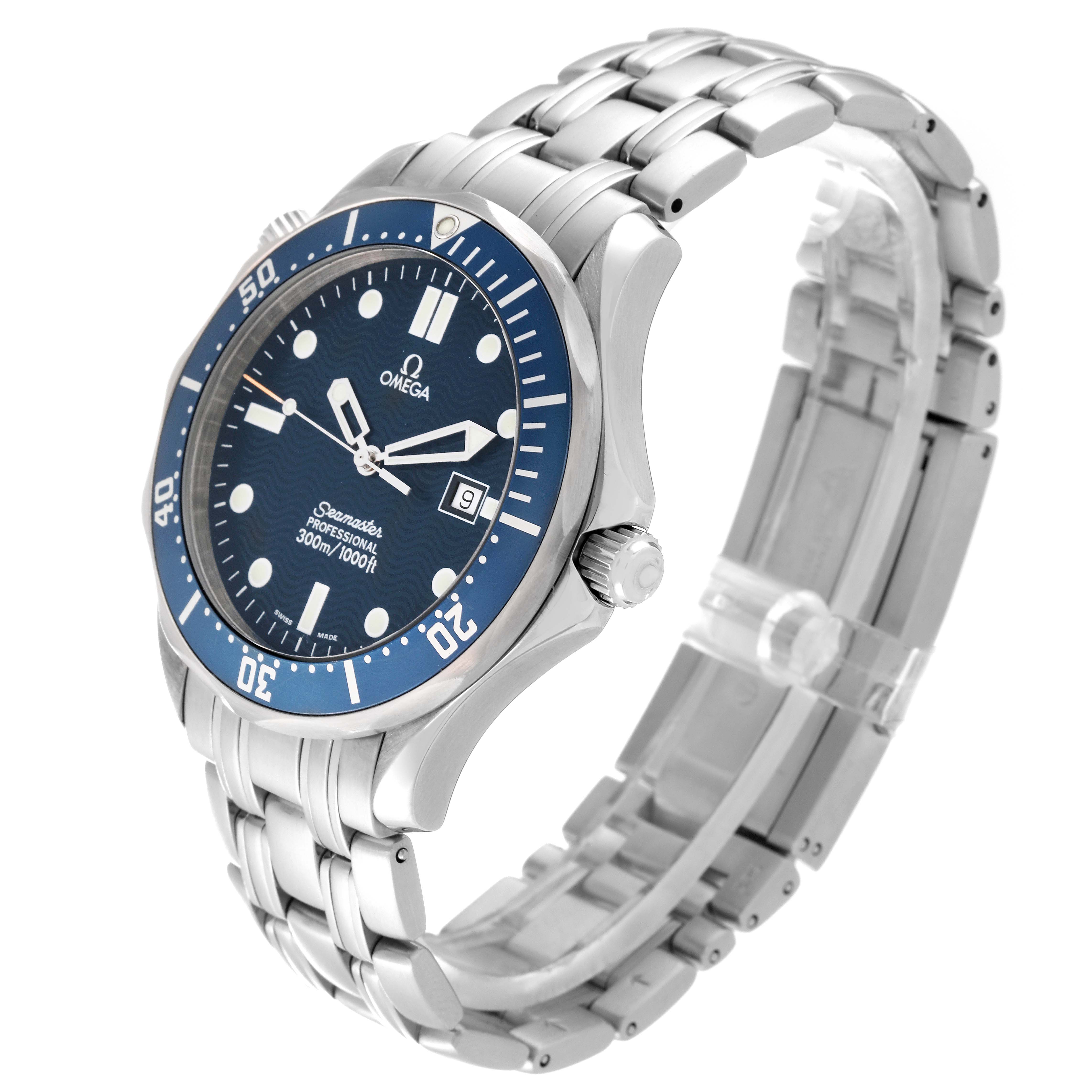 The Omega Seamaster 2541.80.00 Men
s Stainless Steel Blue Dial 2541.80.00 Men
s Stainless Steel Blue Dial watch is shown at a three-quarter angle, displaying the face, bezel, crown, and metal bracelet.