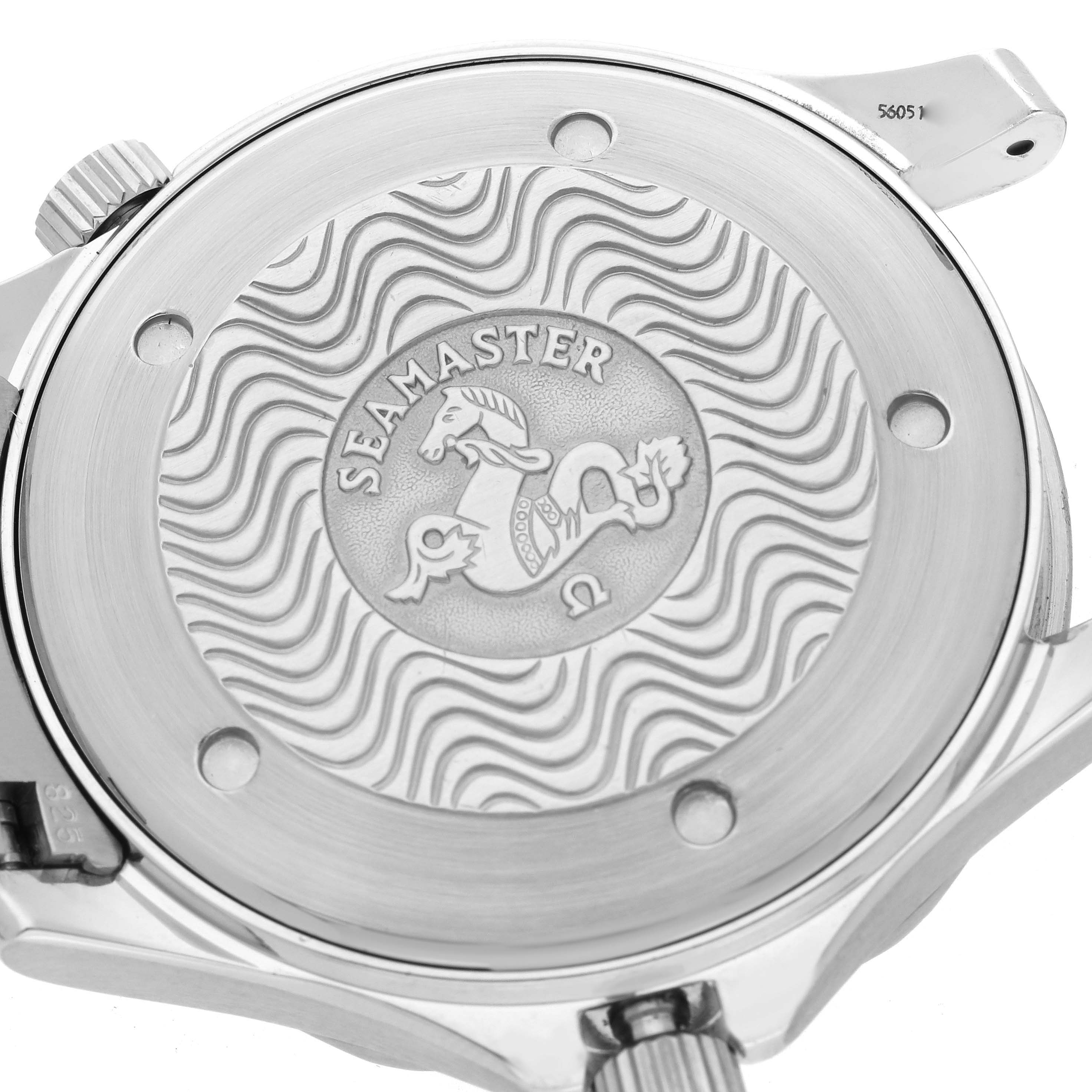 This image shows the back case of an Omega Seamaster 2541.80.00 Men
s Stainless Steel Blue Dial 2541.80.00 Men
s Stainless Steel Blue Dial watch, highlighting the engraved logo and wave pattern detailing.