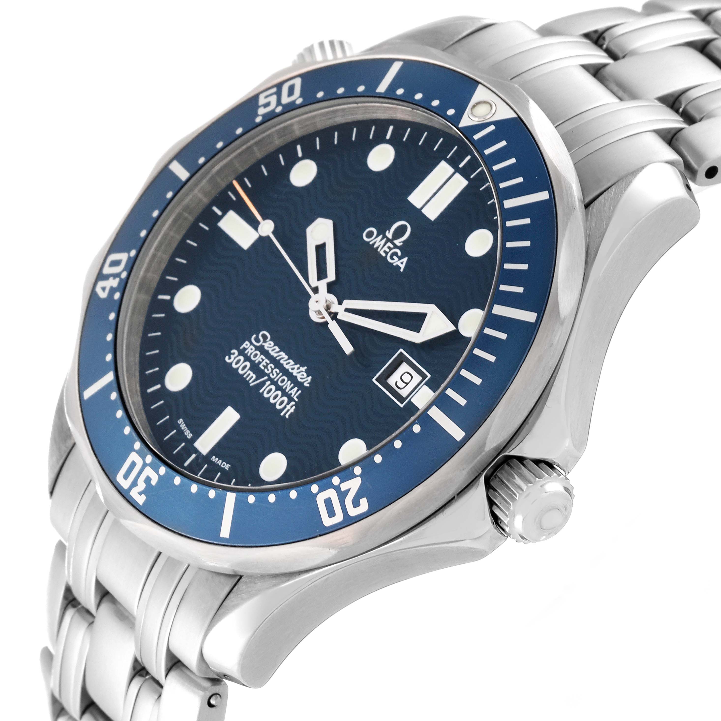 The image shows an angled view of an Omega Seamaster 2541.80.00 Men
s Stainless Steel Blue Dial 2541.80.00 Men
s Stainless Steel Blue Dial watch, displaying the dial, bezel, crown, and part of the bracelet.