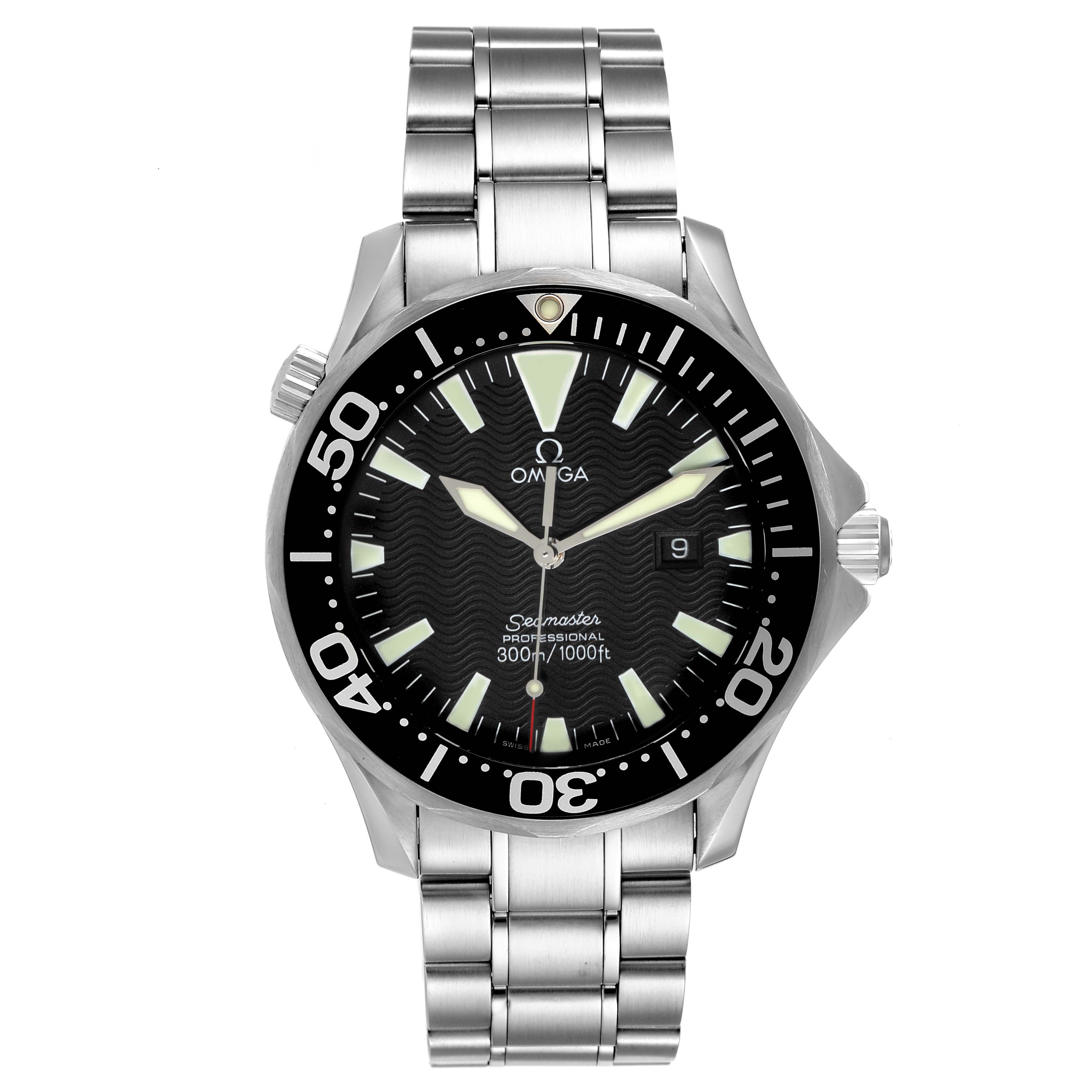 The Omega Seamaster 2264.50.00 Men's Stainless Steel Black Dial 2264.50.00 Men's Stainless Steel Black Dial watch is shown from the front, displaying its face, bezel, crown, and metal bracelet.