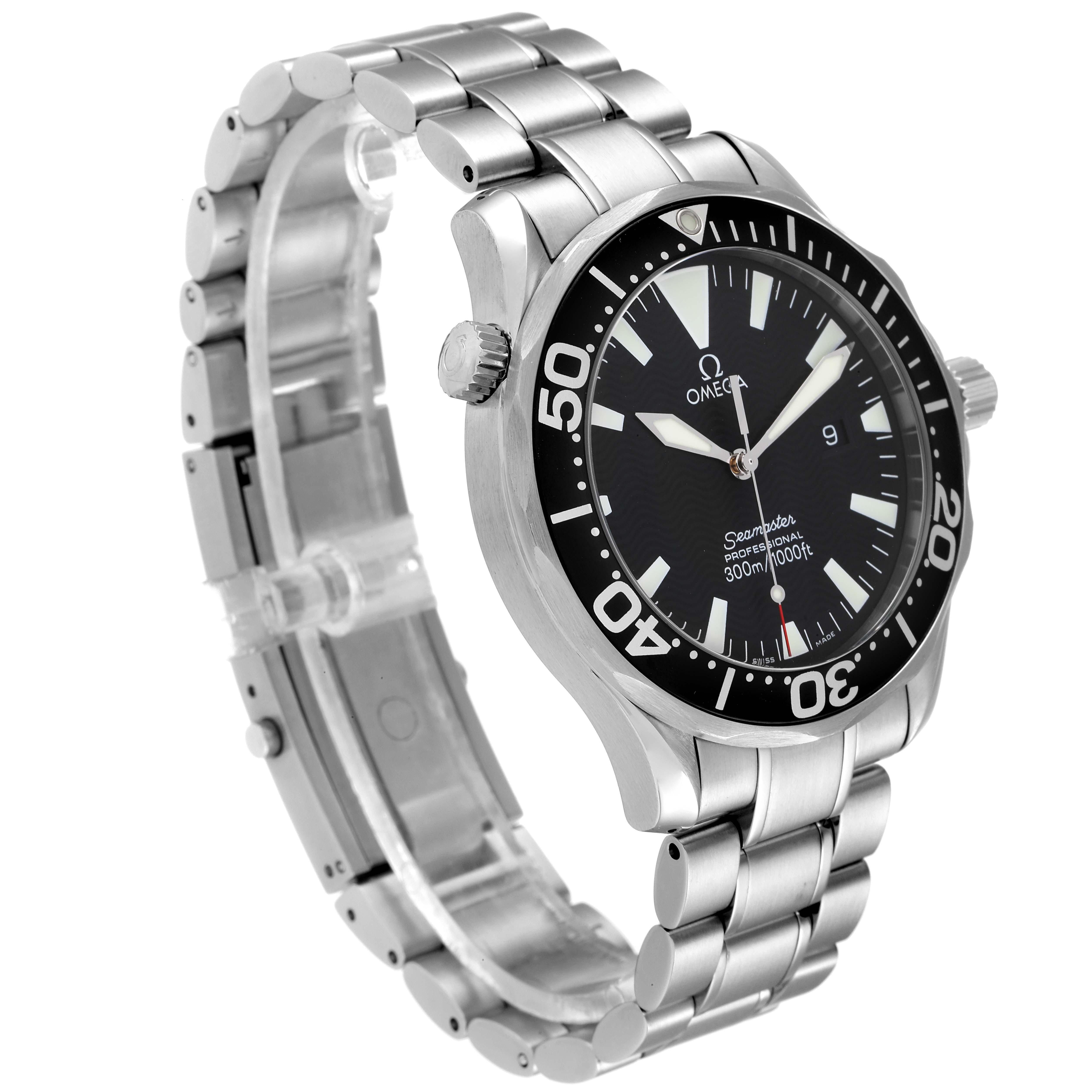 The Omega Seamaster 2264.50.00 Men's Stainless Steel Black Dial 2264.50.00 Men's Stainless Steel Black Dial watch is shown at a three-quarter angle, highlighting its face, bezel, crown, and metallic bracelet.