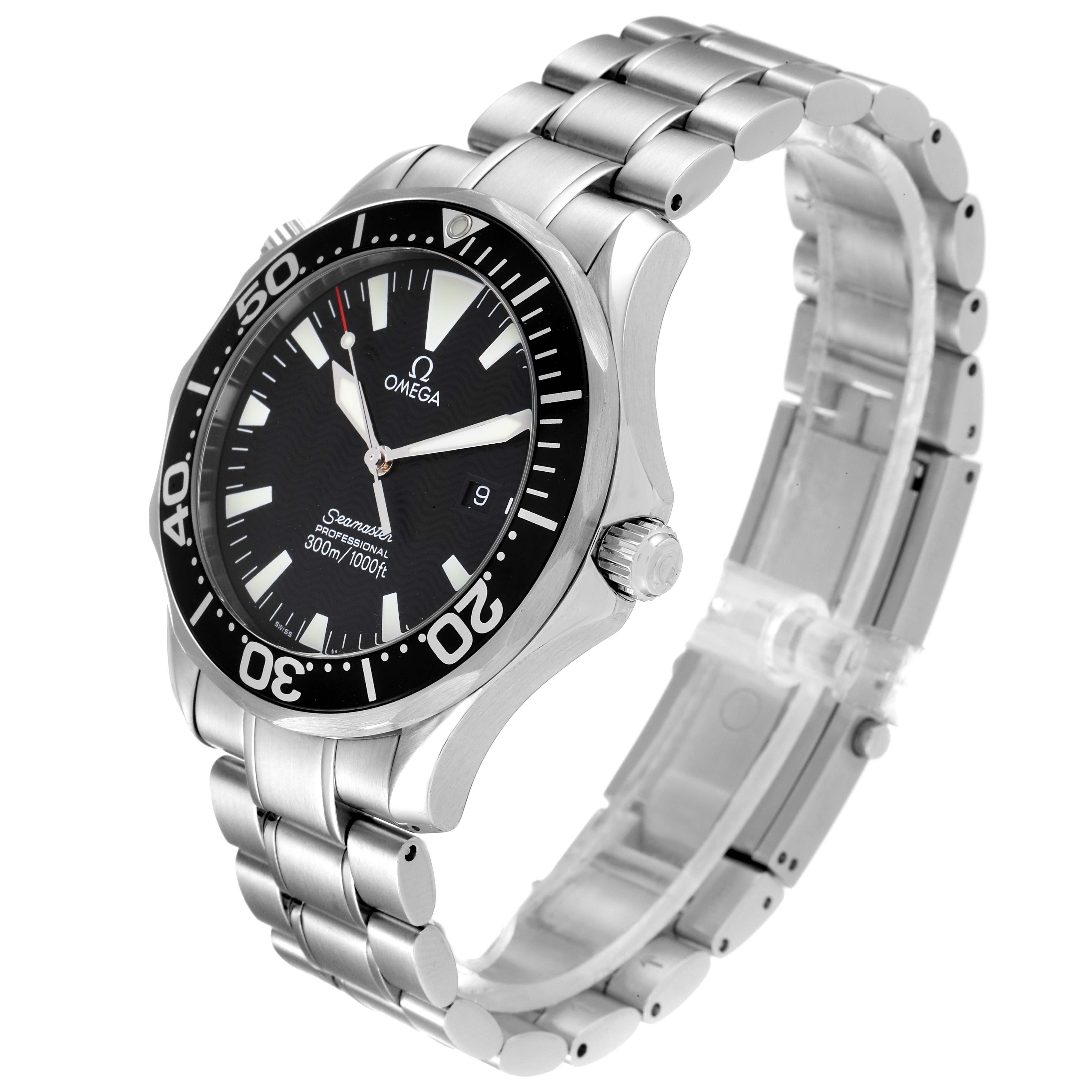The image shows a side angle of the Omega Seamaster 2264.50.00 Men's Stainless Steel Black Dial 2264.50.00 Men's Stainless Steel Black Dial watch, highlighting its face, bezel, and stainless steel bracelet.