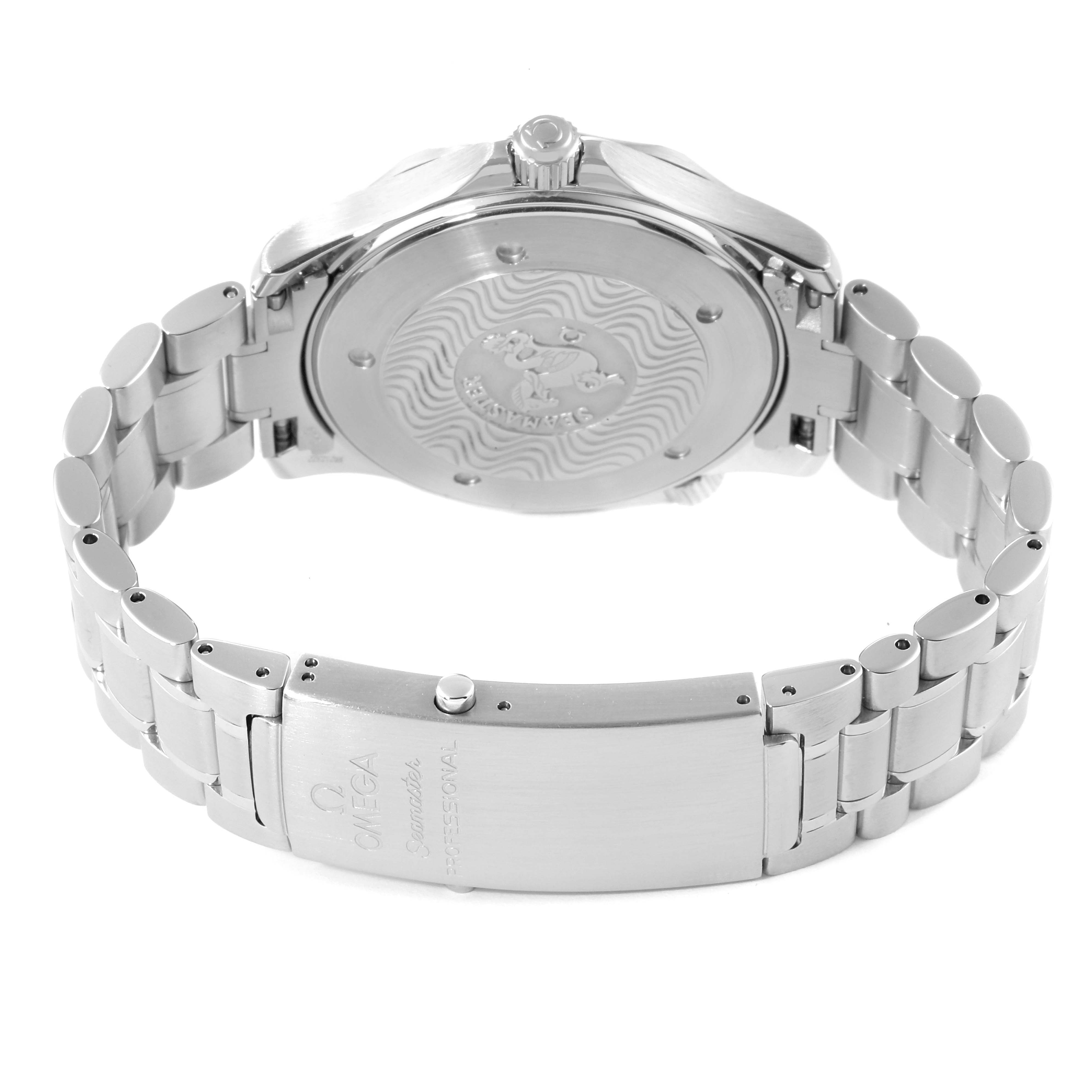 The image shows the back view of the Omega Seamaster 2264.50.00 Men's Stainless Steel Black Dial 2264.50.00 Men's Stainless Steel Black Dial watch, highlighting the metal bracelet and clasp.