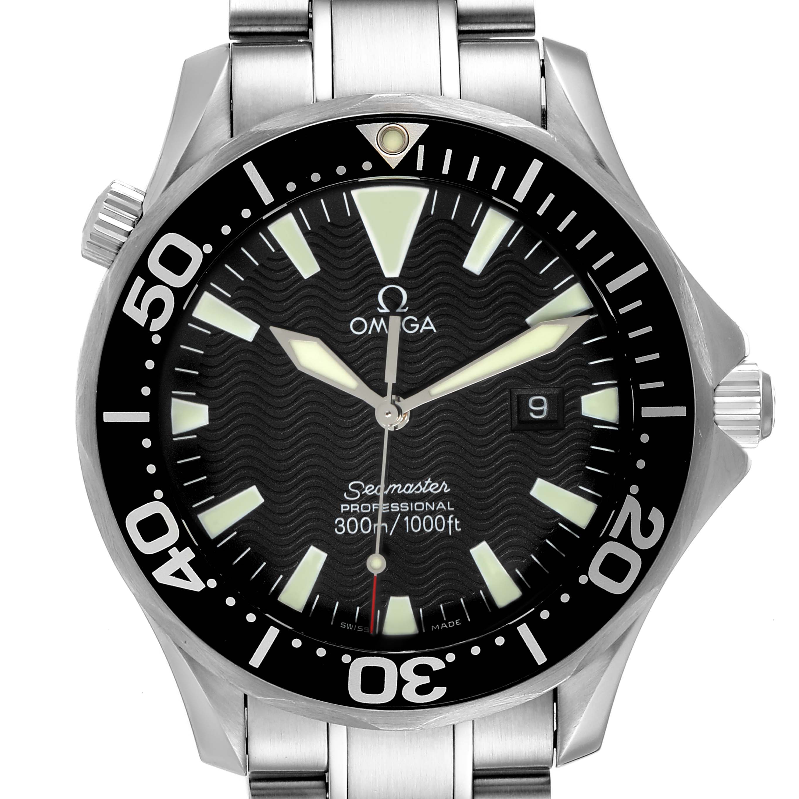 This is a front view of an Omega Seamaster 2264.50.00 Men's Stainless Steel Black Dial 2264.50.00 Men's Stainless Steel Black Dial watch, showing its dial, bezel, and crown.