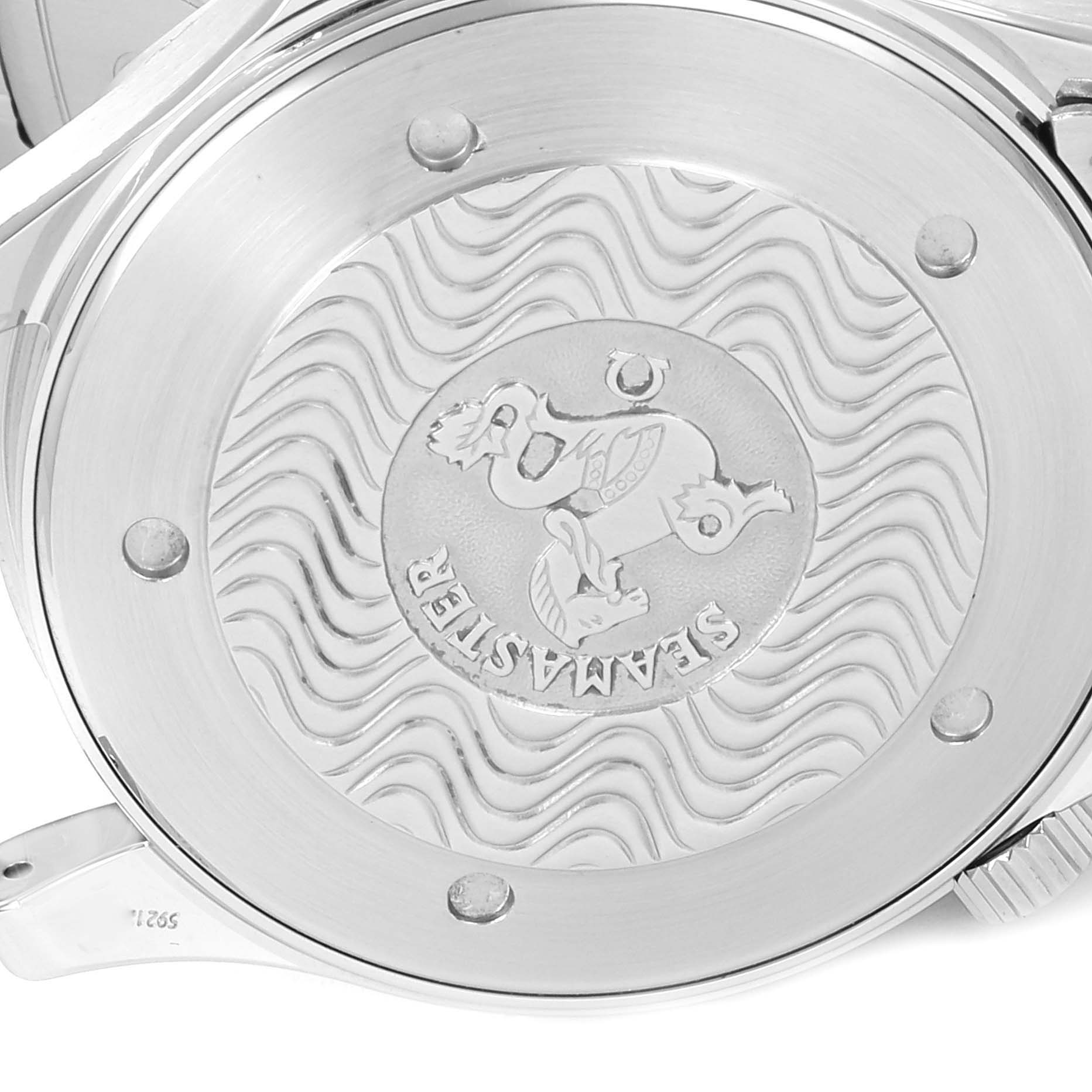 This image shows the case back of an Omega Seamaster 2264.50.00 Men's Stainless Steel Black Dial 2264.50.00 Men's Stainless Steel Black Dial watch, featuring its engraved design and logo.