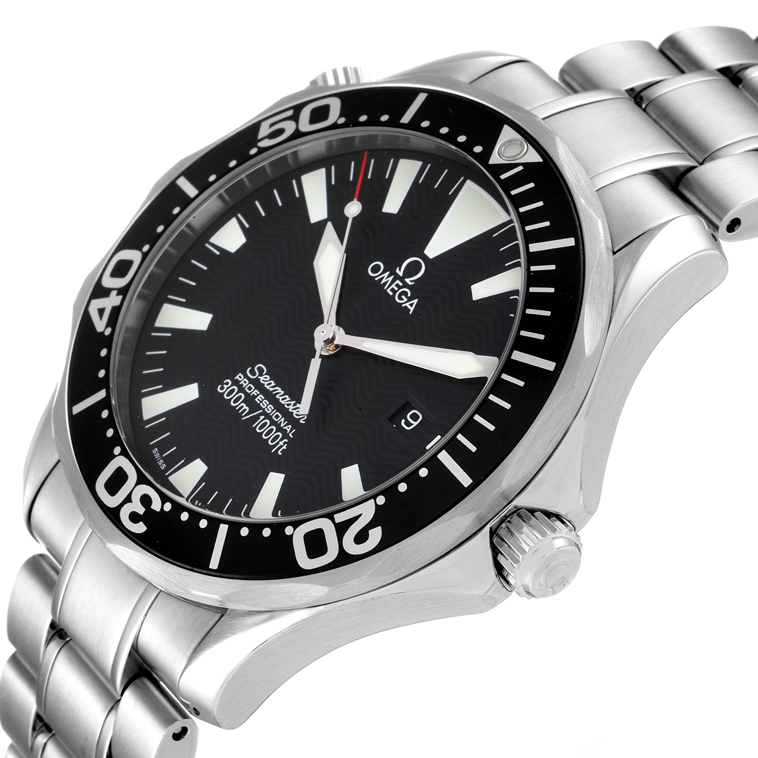 The image shows an angled view of the Omega Seamaster 2264.50.00 Men's Stainless Steel Black Dial 2264.50.00 Men's Stainless Steel Black Dial watch, highlighting the dial, bezel, crown, and part of the bracelet.