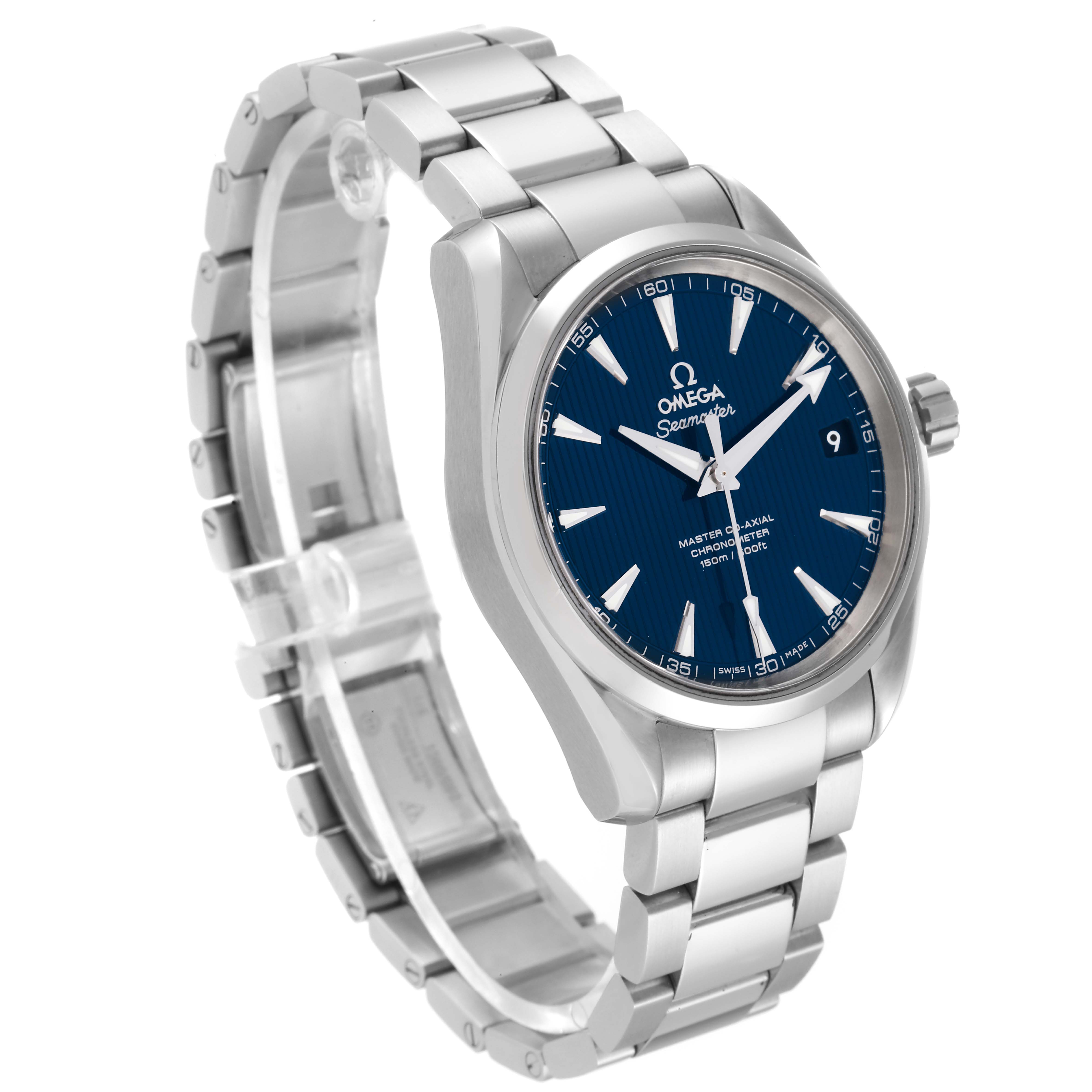 The image shows the Omega Aqua Terra 231.10.39.21.03.002 Men's Stainless Steel Blue Dial 231.10.39.21.03.002 Men's Stainless Steel Blue Dial watch at a three-quarter side angle, highlighting its blue dial, bezel, and stainless steel bracelet.
