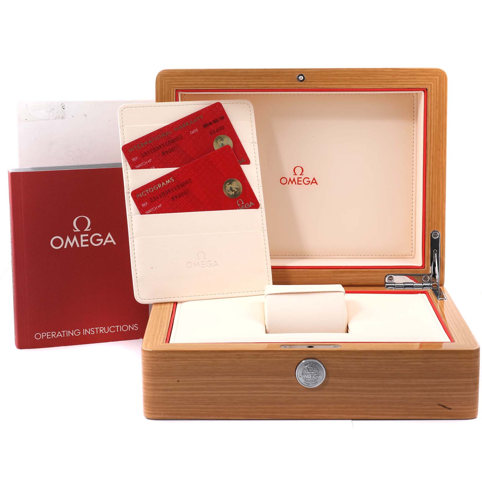 The image displays the packaging and accessories for the Omega Aqua Terra 231.10.39.21.03.002 Men's Stainless Steel Blue Dial 231.10.39.21.03.002 Men's Stainless Steel Blue Dial watch, including the box, instruction manual, and warranty cards.