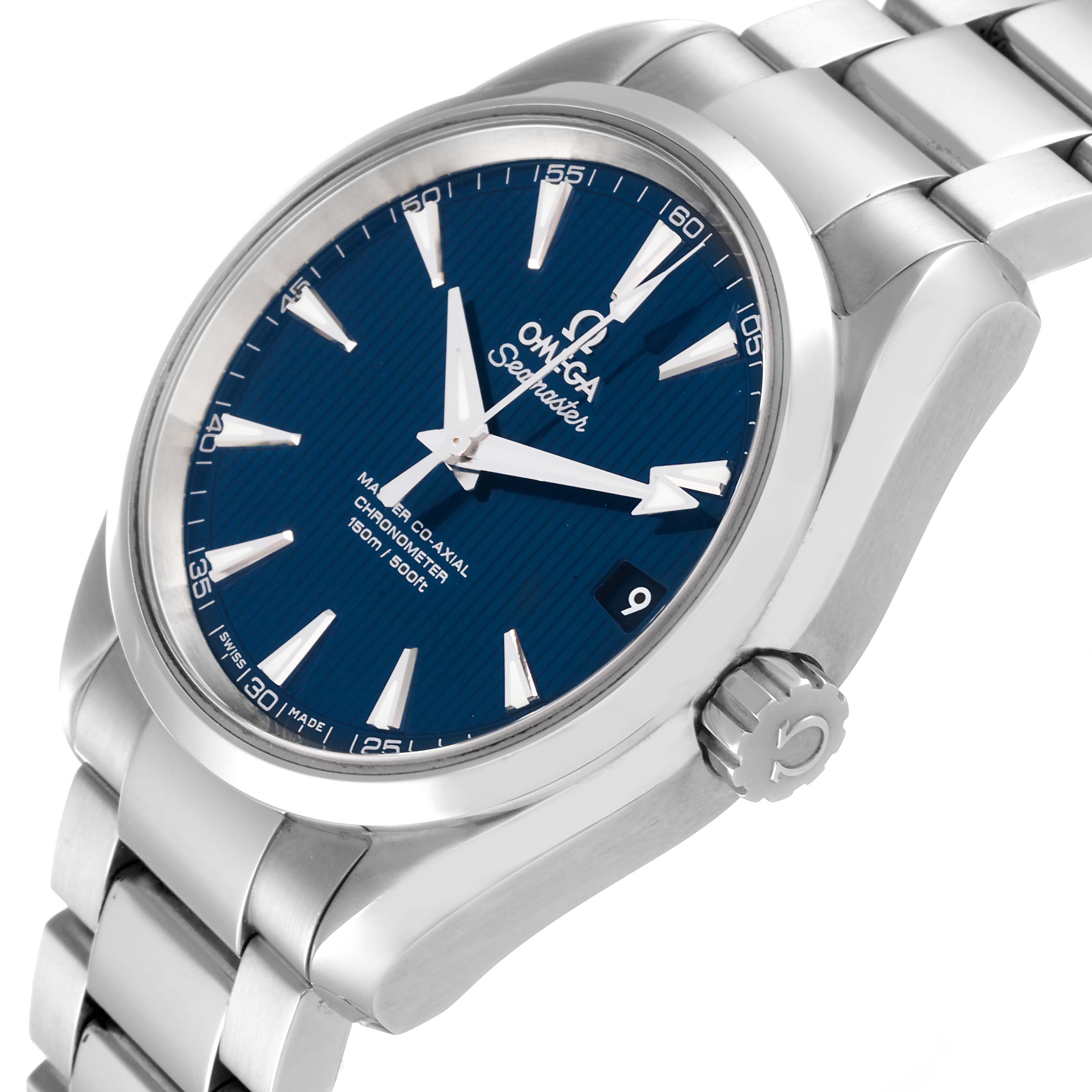 The image shows a side angle of the Omega Aqua Terra 231.10.39.21.03.002 Men's Stainless Steel Blue Dial 231.10.39.21.03.002 Men's Stainless Steel Blue Dial watch, highlighting its blue dial, stainless steel bracelet, and crown.