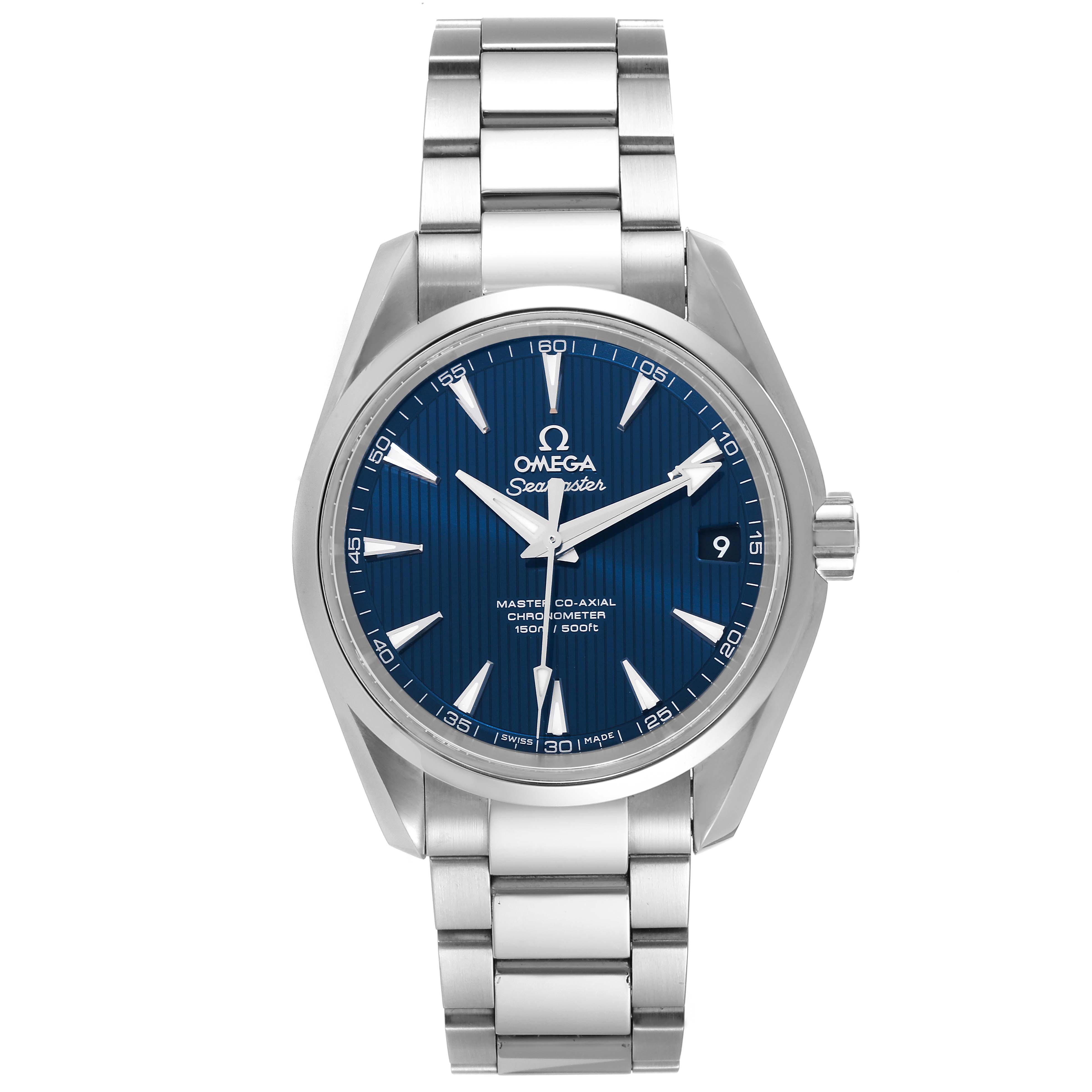 The image shows a front view of the Omega Aqua Terra 231.10.39.21.03.002 Men's Stainless Steel Blue Dial 231.10.39.21.03.002 Men's Stainless Steel Blue Dial watch, highlighting the dial, hands, bezel, crown, and metal bracelet.