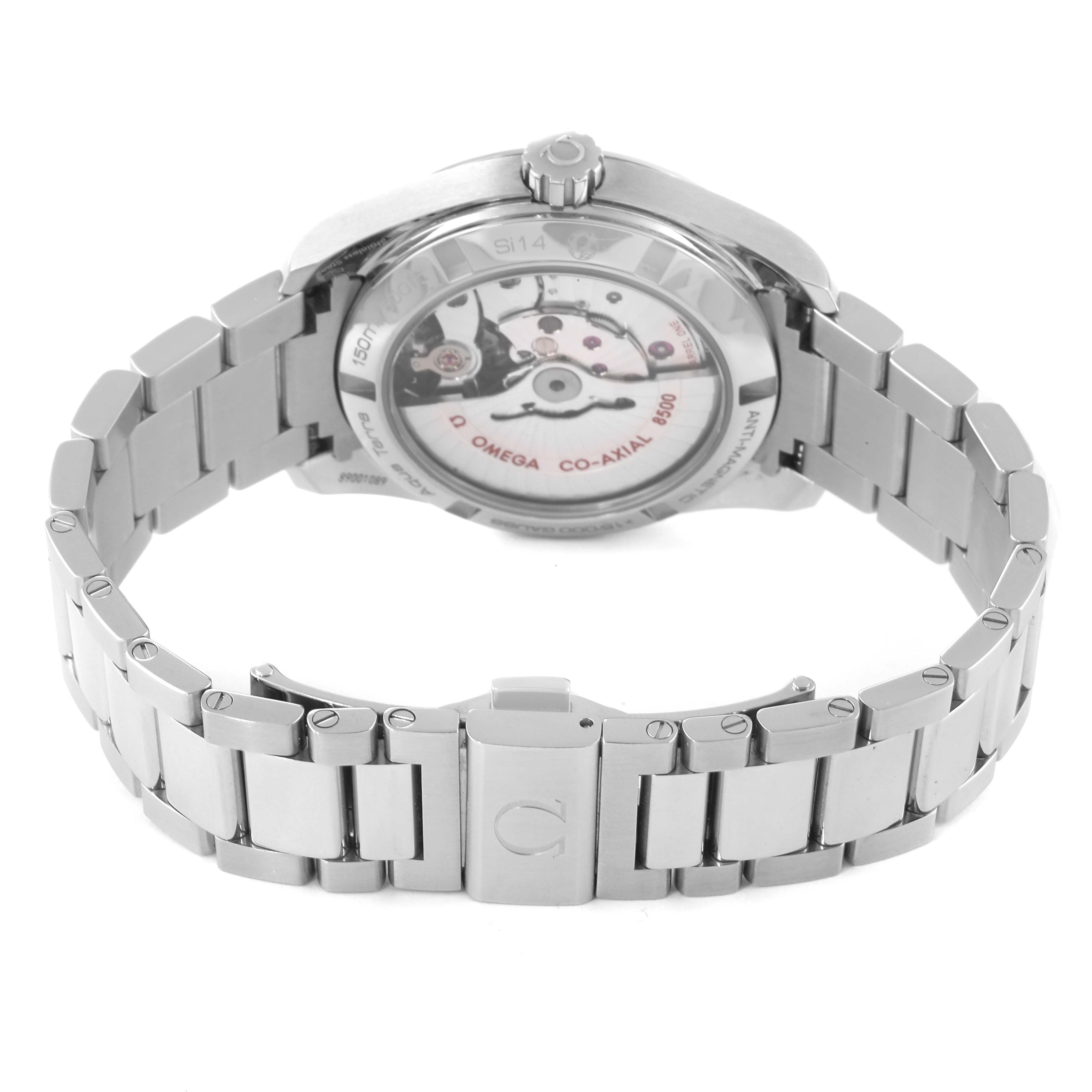 The image shows the back view of the Omega Aqua Terra 231.10.39.21.03.002 Men's Stainless Steel Blue Dial 231.10.39.21.03.002 Men's Stainless Steel Blue Dial watch, highlighting its movement and metal bracelet.