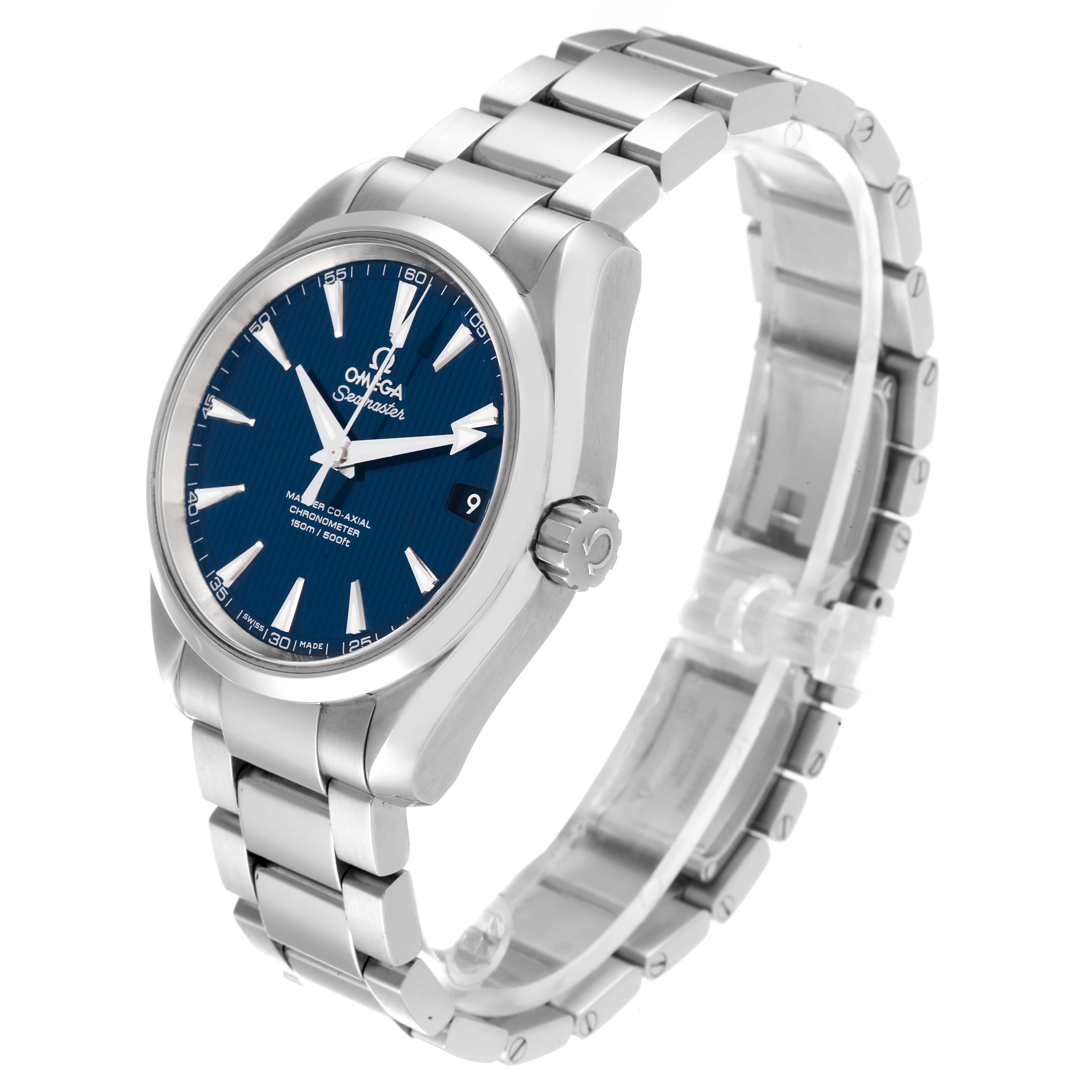 The image shows an Omega Aqua Terra 231.10.39.21.03.002 Men's Stainless Steel Blue Dial 231.10.39.21.03.002 Men's Stainless Steel Blue Dial watch at an angle displaying its blue dial, crown, and stainless steel bracelet.