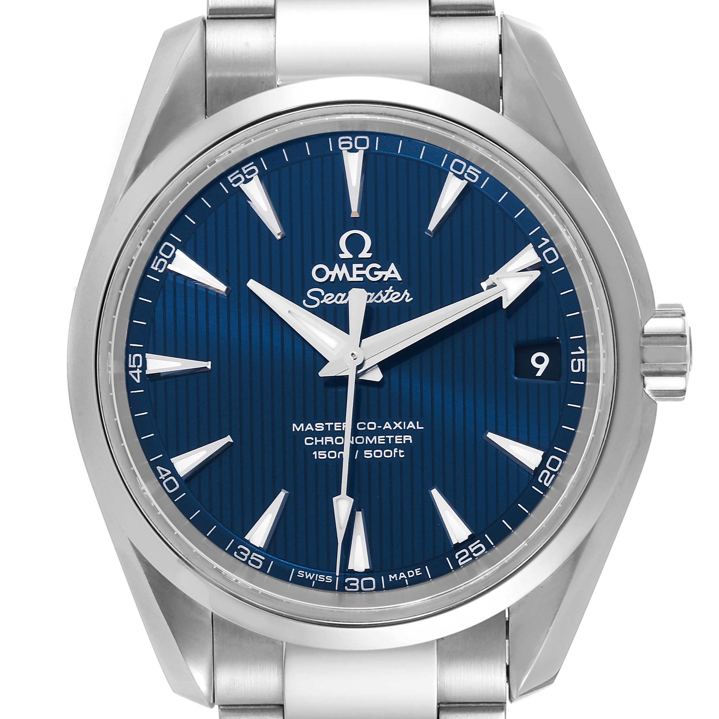 The image shows a front view of the Omega Aqua Terra 231.10.39.21.03.002 Men's Stainless Steel Blue Dial 231.10.39.21.03.002 Men's Stainless Steel Blue Dial watch, highlighting the blue dial, silver hands, and metal bracelet.