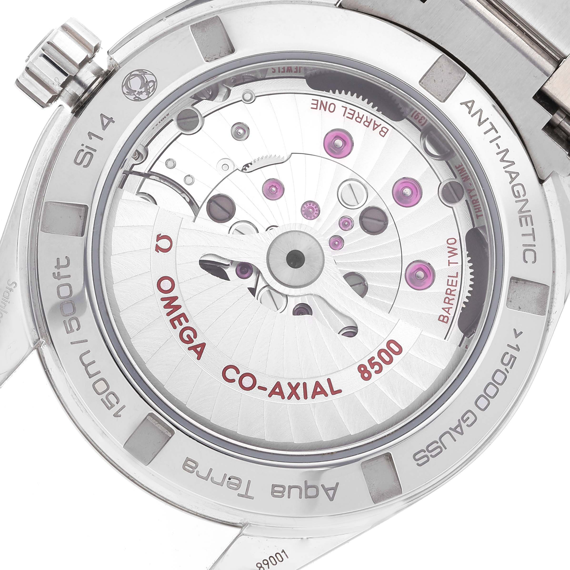 The image shows the back view of the Omega Aqua Terra 231.10.39.21.03.002 Men's Stainless Steel Blue Dial 231.10.39.21.03.002 Men's Stainless Steel Blue Dial watch, highlighting its Co-Axial 8500 movement.