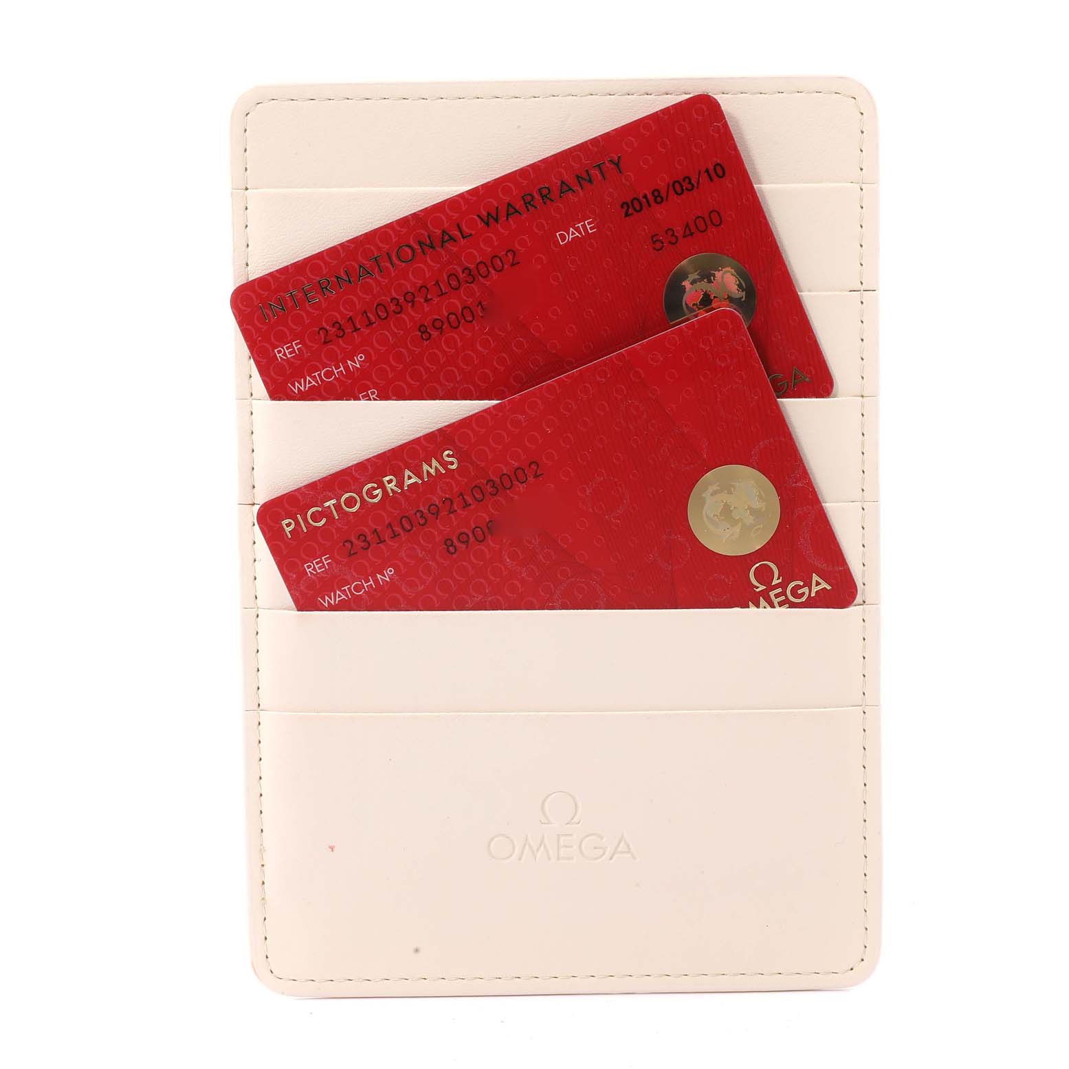 This image shows the International Warranty and Pictograms cards for the Omega Aqua Terra 231.10.39.21.03.002 Men's Stainless Steel Blue Dial 231.10.39.21.03.002 Men's Stainless Steel Blue Dial model, enclosed in a white Omega card case.