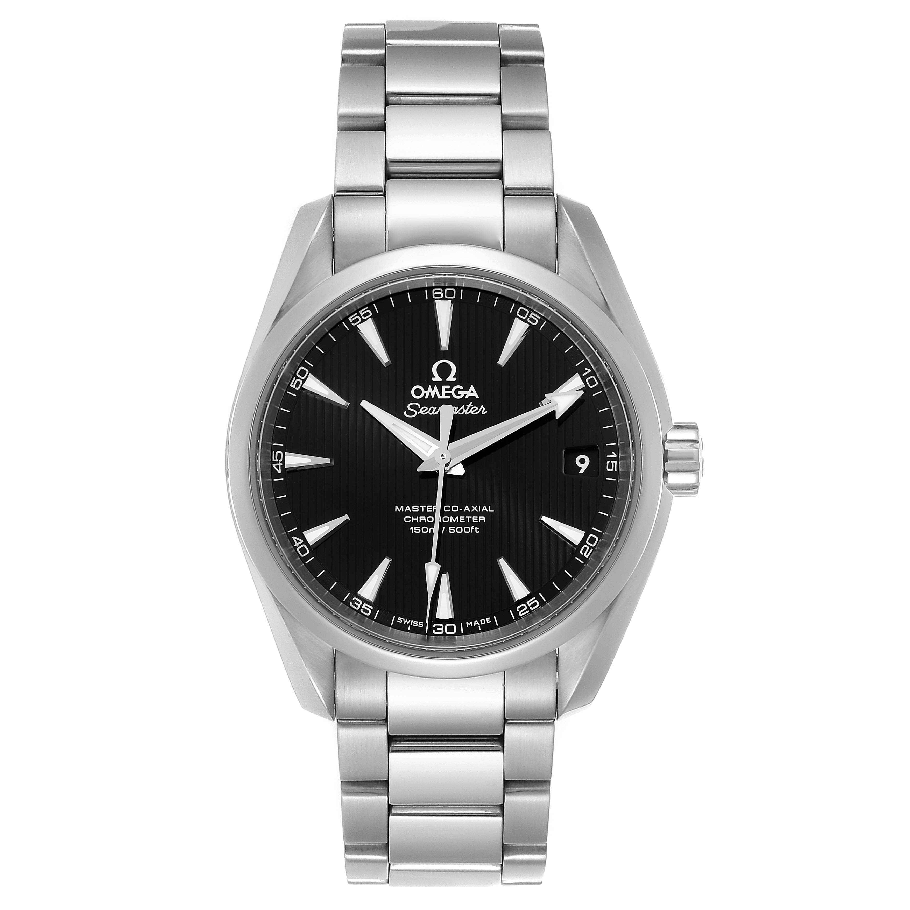 The image shows a front view of an Omega Aqua Terra 231.10.39.21.01.002 Men's Stainless Steel Black Dial 231.10.39.21.01.002 Men's Stainless Steel Black Dial watch, highlighting the dial, case, bracelet, and crown.